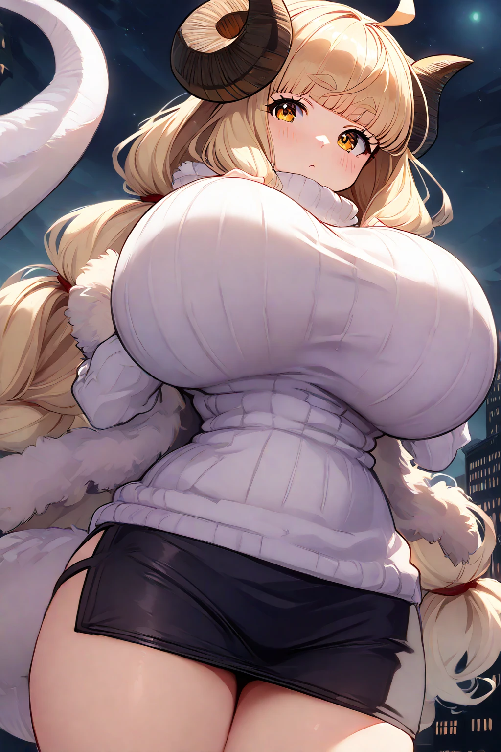 1girl,solo,Mature Women,blonde hair color,long hair,Her hair is tucked back,grey eyes,slanted eyes,super huge breasts,slender,black knit long sleeves,Steam comes out of the body,breath,feather shawl,amorous glance,side of face,looking at viewer,near,standing up,house,in room