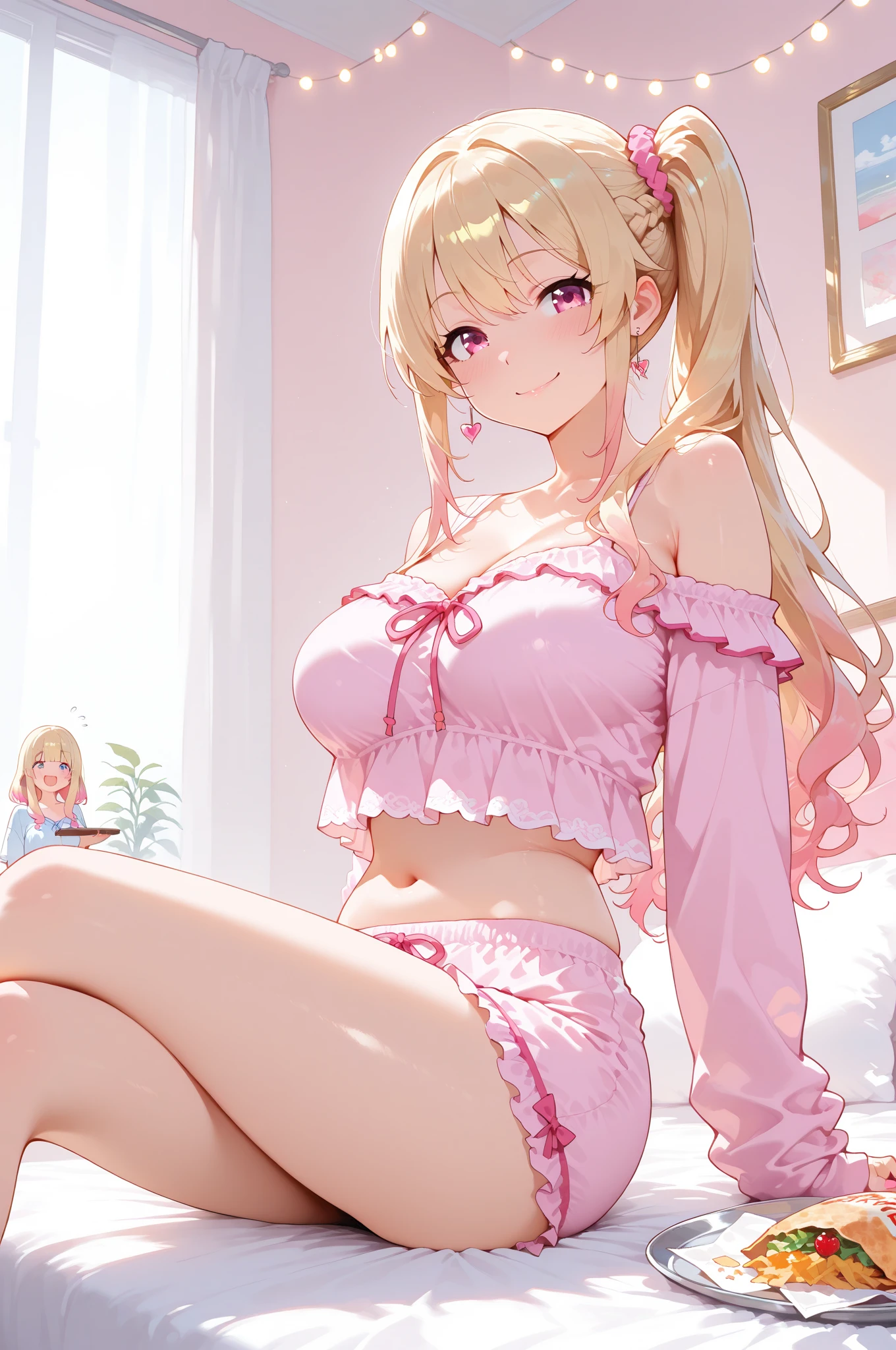 ph_eriri, sawamura spencer eriri, 1girl, blonde hair, blue eyes, , twintails, solo, fang, long hair, very happy, full body, perfect face,home, room, bed, pantines, pink color, bra, pant down, pink color, open chest, tesing boob, look at you, touches me