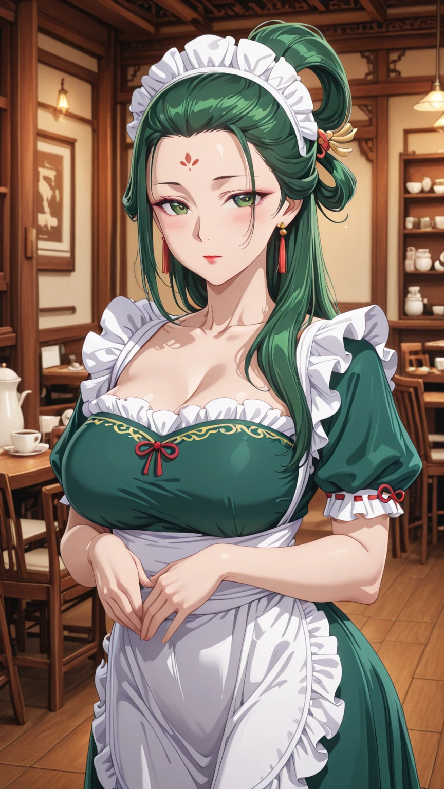 (highres, high quality:1.2), cinematic lighting, digital art, kubo tite \(style\), 
looking at viewer, seductive smile, (blush:1.1), open mouth,
Kyouka, mature female, 1girl, solo, bent over, leaning forward, hands on table, bar \(place\), complex blackground, pov
brown hair, ponytail, sidelocks, hair bow, ribbon, lipstick, makeup, detailed face, (mole under eye:0.8), brown eyes, jewelry, earrings,
green dress, bare shoulders, detached sleeves, bridal gauntlets, long skirt, cleavage, choker,
sweat,
(curvy:1.1), (huge breasts:1.2), cleavage,
