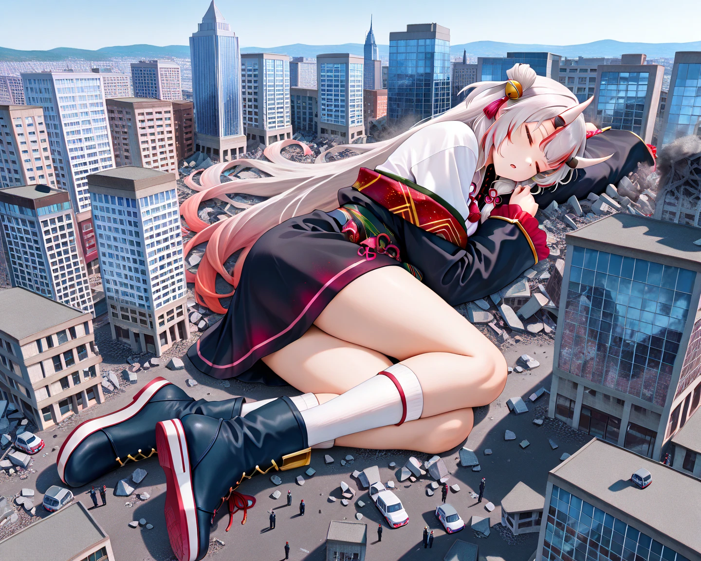 huge，Teenage girl，short skirt，teasing，A giant girl taller than a building，Toyed around，shrouded in the villain，Lying on his stomach，Face down，Sticking out the tongue，Licking the miniature building，Toyed around，low angle of view，arroganthuge，Light cyan hair，Teenage girl，short skirt，Teasing the villain，A giant girl taller than a building，arrogant,Those who don't wear shoes,There are several villains under their feet