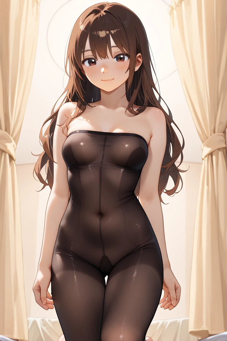 2d, Superb, (Masterpiece), ((1 girl)), (Low Angle:1.2), (Full length), (Shiny  hair:1.6),  (Long straight brown hair:1.6),(Shaggy hair:1.3),  (Brown beautiful girl),hyper cute face, (Healthy dark skin), (Sunburn mark), clavicle, (Black Bunny Girl:1.3),(Black rabbit ears:1.3),(Fishnet tights:1.2)，Ribbon choker，JK,Slender figure ,Glamorous Bare Feet, Beautiful shiny legs,, Brown Eyes, Attractive thighs, Medium chest, bedroom, On the bed, Light from the window, Sexy expression, Sweaty, Wet Hair, Drops from hair,Put your hands on your chest, Breathless, Bold pose、Smiling with teeth showing, Wet body, Glossy Lips, (arms behind back),Pole