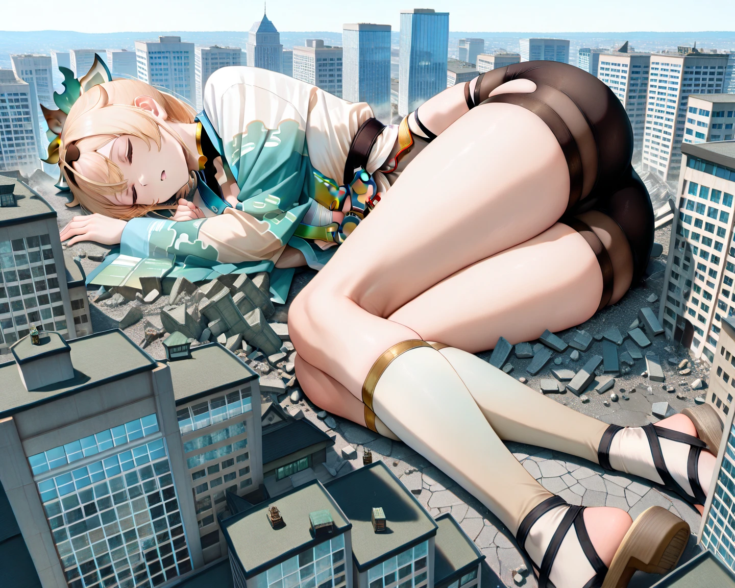 Giantess, long sexy legs, yellow hair, bikini,lying on top of destroyed buildings, city at her feet burns in flames for the destruction she has caused, tiny people climb on her body to try to defeat her uselessly. Giantess, goddess, macrophilia, curvaceous body, hentai, fetish, sexy legs, bikini, high heels, high quality, tiny people, people climbing body, giantess body, small people, crew of tiny people
