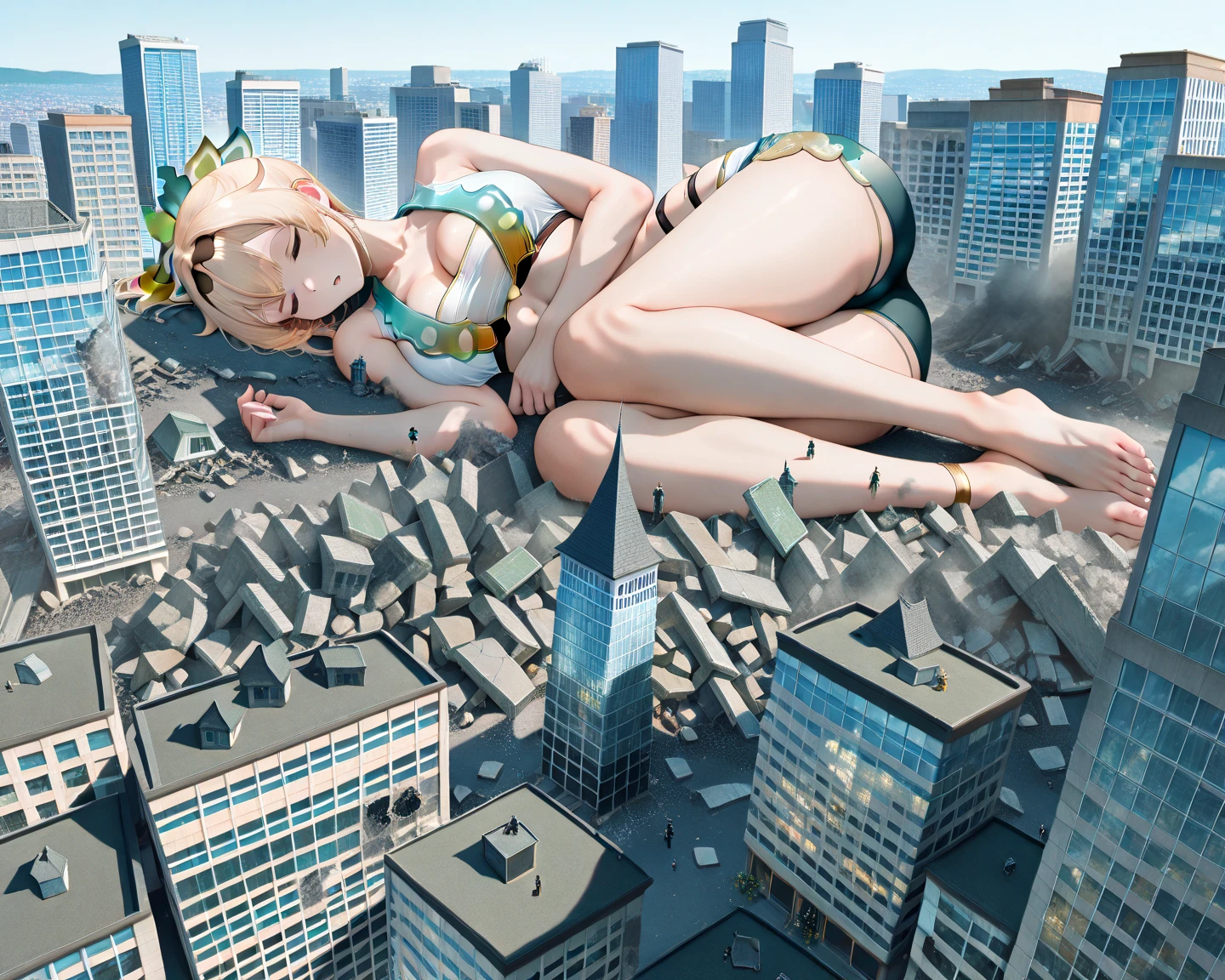 Giantess, long sexy legs, yellow hair, bikini,lying on top of destroyed buildings, city at her feet burns in flames for the destruction she has caused, tiny people climb on her body to try to defeat her uselessly. Giantess, goddess, macrophilia, curvaceous body, hentai, fetish, sexy legs, bikini, high heels, high quality, tiny people, people climbing body, giantess body, small people