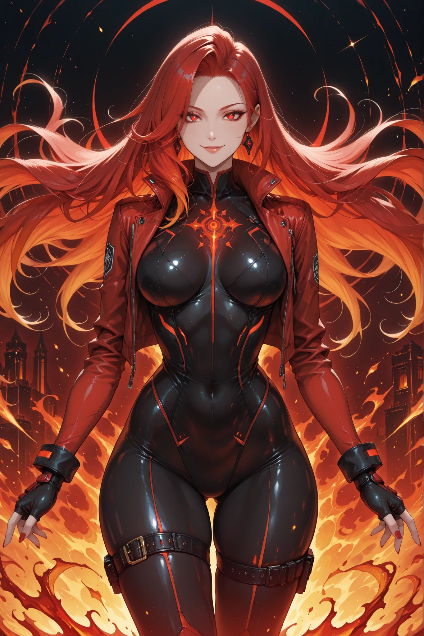 ((masterpiece, best quality, anime style, ultra-detailed)), 1girl, solo, Hell Empress, –27, tall sexy curvy build, very long crimson red hair:1.6, deep red eyes:1.4, sultry confident smile, light brown skin:1.3, sleek black-crimson-red bodysuit:1.6, cropped crimson jacket, fingerless gloves, thigh belts, swirling flames:1.5, background: futuristic flame world, glowing structures, floating platforms, demonic red skies, Heavenly Demon Sect base, color palette: black, crimson, ember-orange, gold, vibe: seductive power, elegant danger, flame-wrapped authority