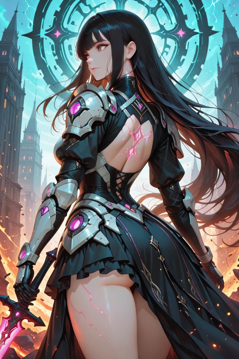 最high quality、best image quality、masterpiece、android girl((18-year-old、 By becoming、vest bust、medium bust,wide open breast tea、red glowing eyes, water hair、messy hair、long hair、thin,highest valley、Blue robot body、Shiny red body、Close ~ eyes、attack、Show the whole body、robot arm、robot feet、villain、evil smile、bad smile、laugh loudly、villain pose、Black robot wings,sharp nails、prick々New body parts、With a big sword、floating in the air、Robot Tail、turn around、emphasize the buttocks)),high quality、beautiful art、background((cyber world))、Flight、debris flies、Depth of written boundary、movie、visual art、perfect art、8K,genuine、