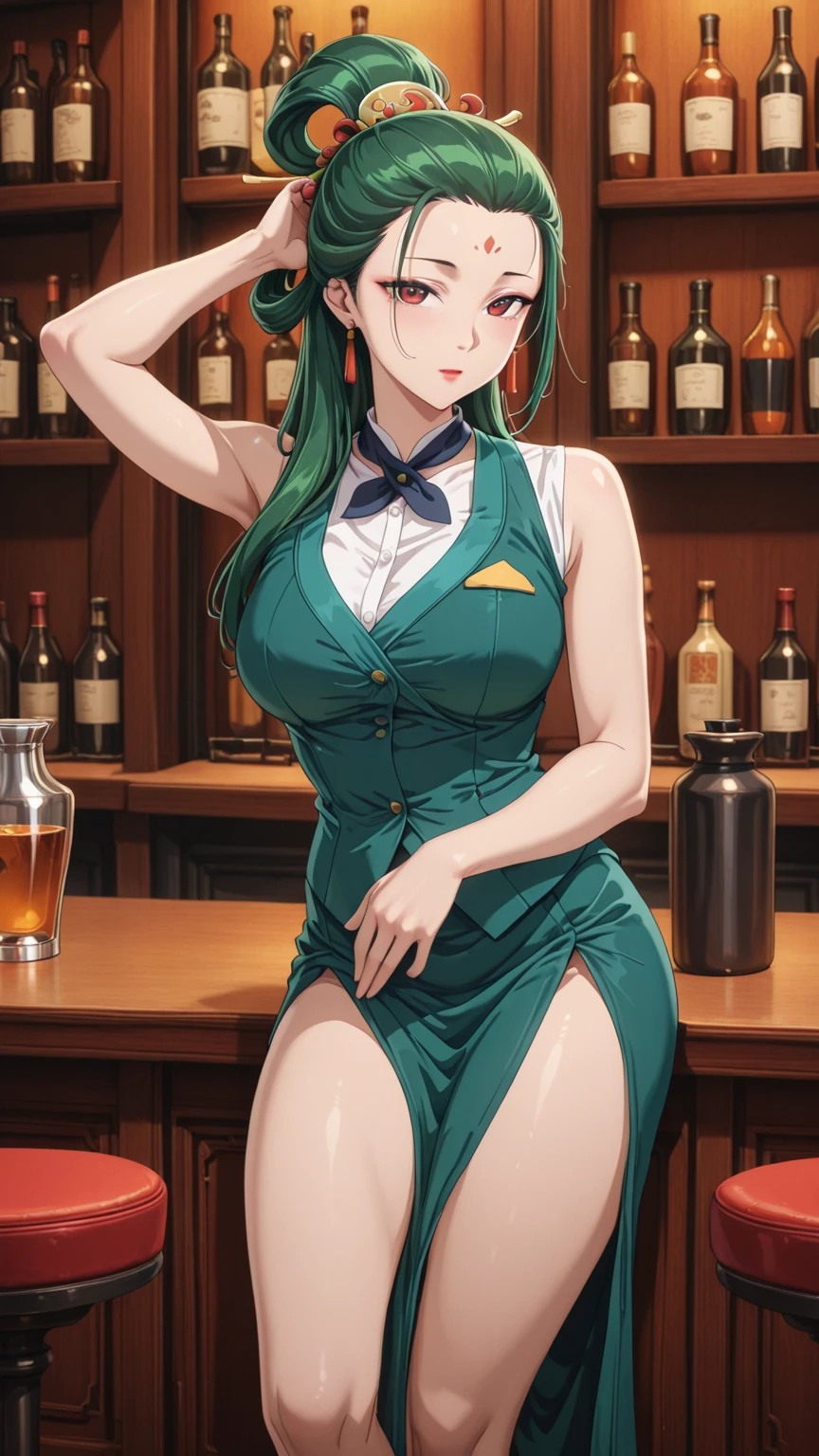 Shoulder-length green hair, Small size breasts, Small breasts、Green Eyes, 、(((Lady))),The whole body from head to toe、Formal attire、、smile、((profile))、、Elegant、greeting、Well-groomed appearance、Talking to a bartender at a bar、beautiful、Cocktail party、、Enjoying a cocktail at the bar counter、sake、Take a seat at the counter、、Thinking deeply、Tying up your hair
