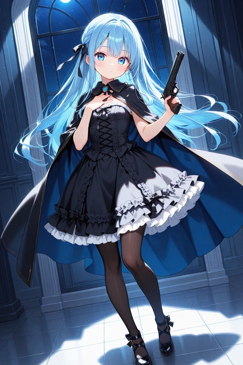 Slit dress, ribbon, blowing air, arms stretched, oversized dress, bluish hair, azure eyes, fishnet, garter belt, tip toe standing
