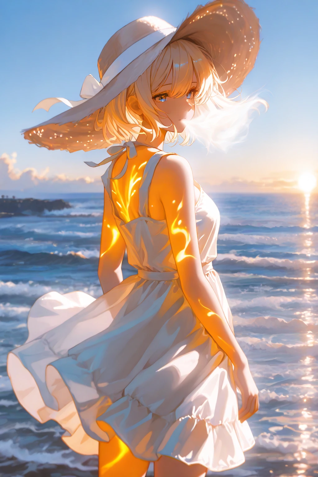 "junge blonde frau, mit langen nassen Haaren, Tragen Sie eine offener Chiffon kimono (Blütenmuster) , einem schwarzen Bikini, am Strand bei Sonnenuntergang." mid large breasts