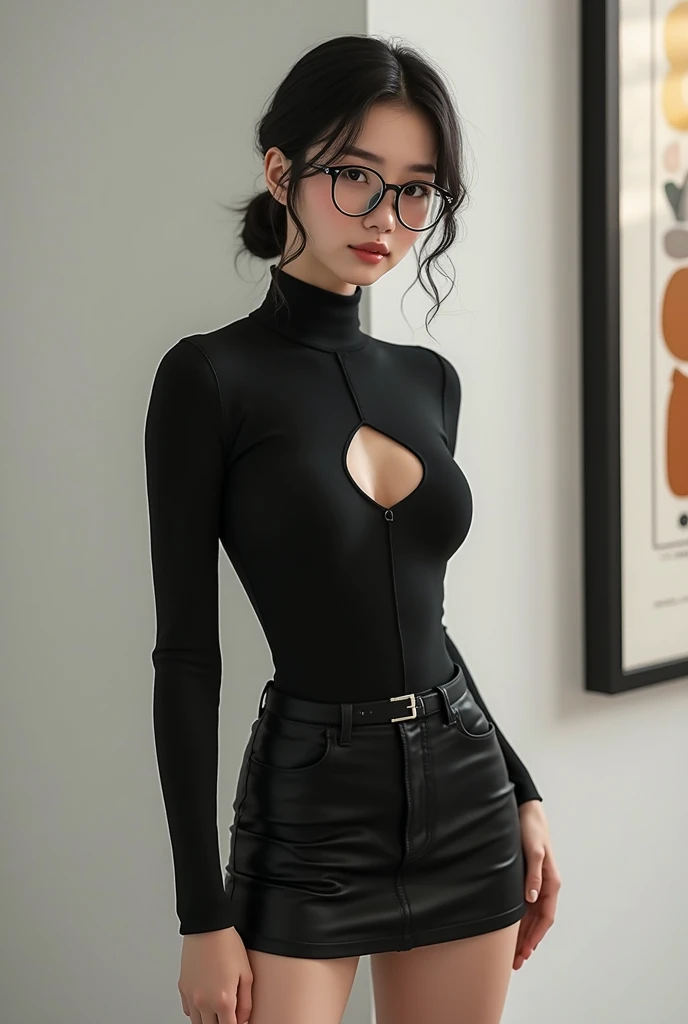 (A Japanese woman standing with her hands on the desk while staring at a monitor、stand:1.4)、(Realistic、Like a photograph、Live Action、8k, Realistic, RAW Photos, Best image quality: 1.4), Single-lens reflex camera、RAW Photos, Highest quality, Realistic, Very detailed CG Unity 8k wallpaper, Written boundary depth, Cinematic Light, Lens flare, Ray Tracing, Realistic background、(Wearing glasses、tight turtleneck long sleeve knit:1.4、Long skirt:1.1、Small breasts)、((Ultra-dense skin))、 Cute Japanese Woman、((whole body:1.5)，short hair:1.2、Short Ponytail、tie your hair with a hair clip、I like that style、stylish、Very detailed、Pay attention to the details、Perfect outfit、(Sunburned skin)、Side view