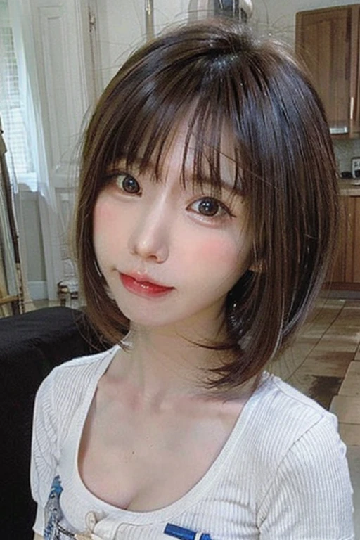 ((masterpiece)), ((Highest quality)), ((Complex)), ((Surreal)), (Realistic), (Mature Woman), ((There are no classes)), Very detailed, (1 female), Beautiful and exquisite, (Beautiful Teeth), Grin, Brunette Bob Hair, Brown eyes, ((blouse)), (Upper Body), (background:none), Perfect Eyes, Captivating eyes, Looking at the audience
