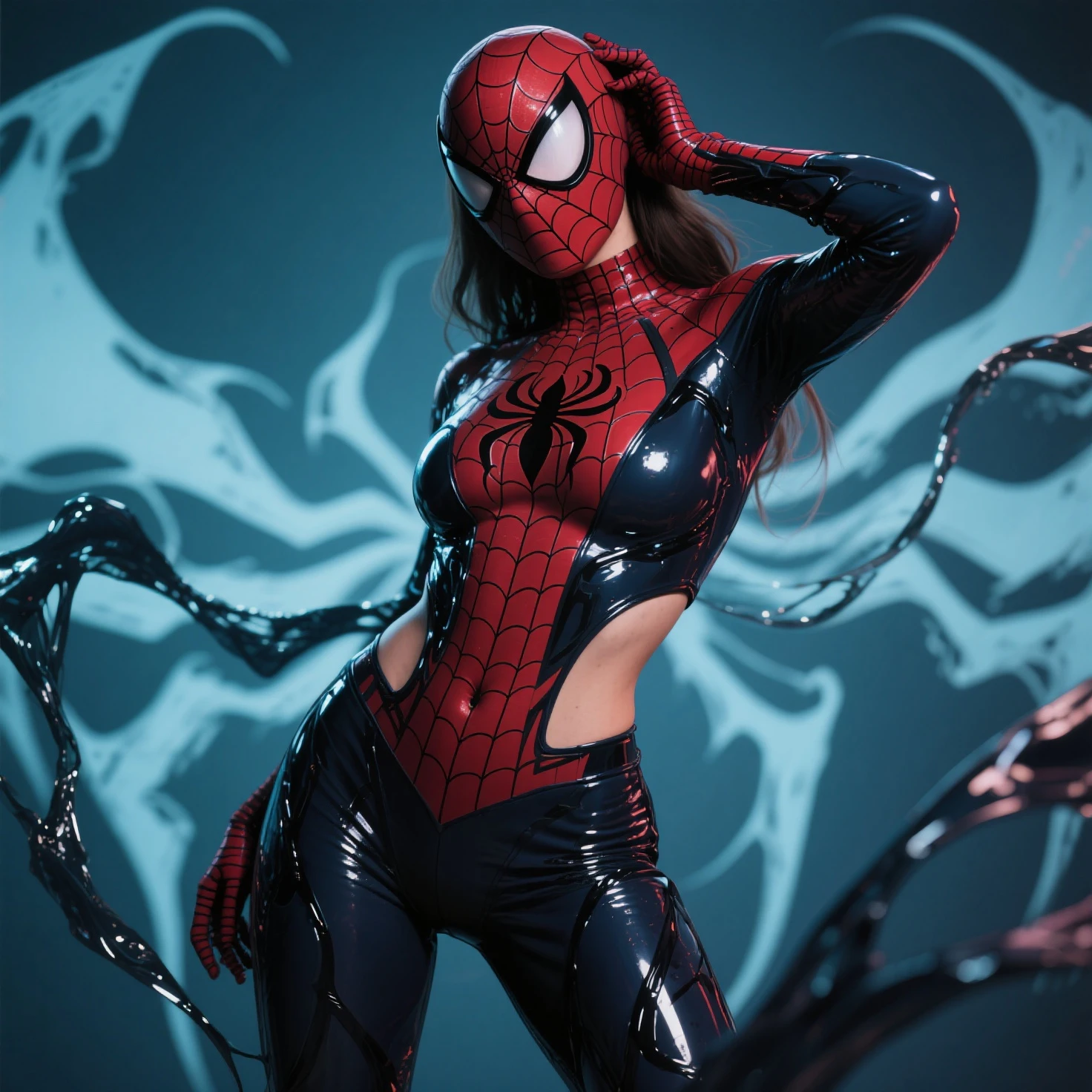 a light brown pinned up haired female thief wo is wearing black ribbed long sleeve top and leather trousers, black gloves,captured by the spider in the cobweb,flirty smile,sexy look,bound,spider web,cocoon