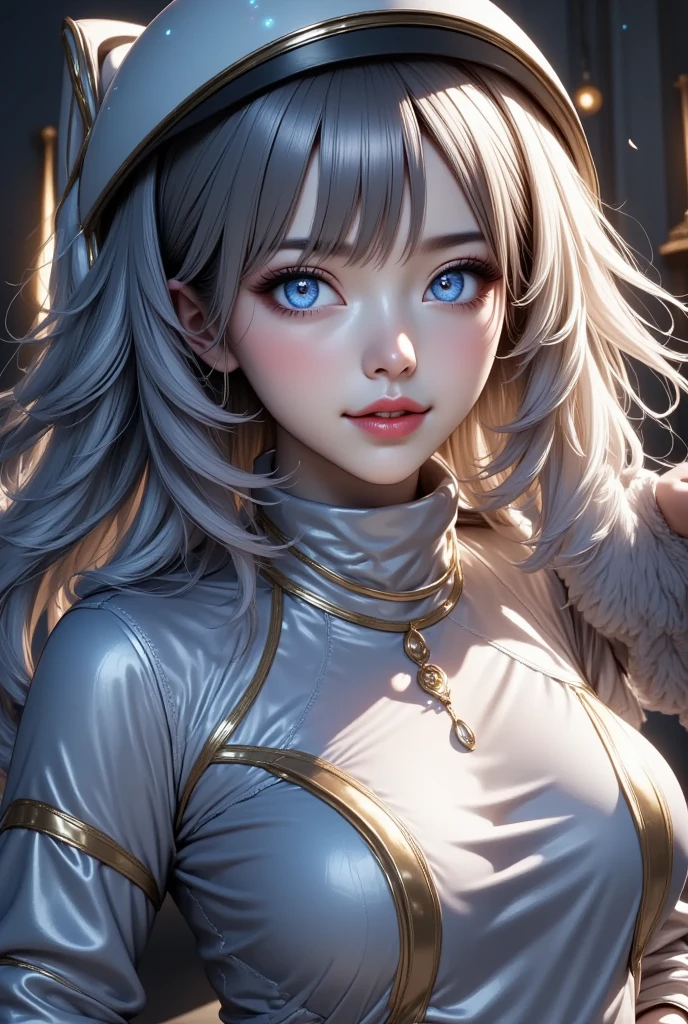((Biologically correct limb count))、(( Illustrations including faces))、4K、Masterpiece、((Focus on the face))、((Symmetrical, well-proportioned facial features))、Eyes with delicate depictions、Beautiful woman、Outstanding style、Slender Body、(shirt、High heels、((skirt)))、(Looking up、smile)、((Upper body close-up))、The background is a hangar、((Realistic photo))