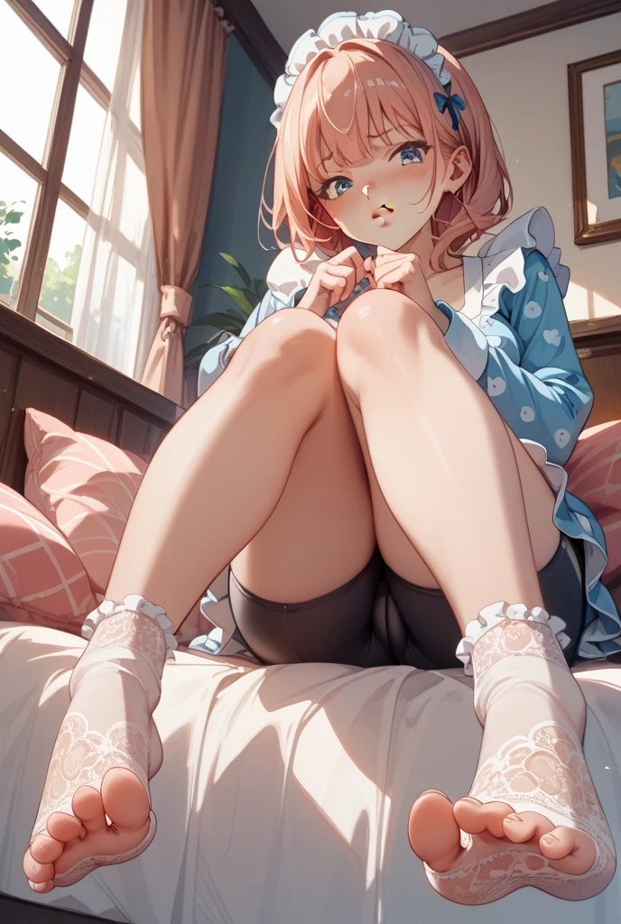 (((masterpiece))), (((best quality))), ((ultra-detailed)), (highly detailed CG illustration), ((an extremely delicate and beautiful)),((NSFW)),
indoors, pov, 1girl, sitting on bed, looking at viewer, laughing,collarbone, bare shoulders, hair between eyes, pink hair, topknot, jewelry, cat ears, school uniform , white thighhighs, feet, soles, paw print, <lora:CatPawPrint.v0.3:0.7>
<lora:add_detail:0.45> <lora:beautifulDetailedEyes_v10:.45> <lora:GoodHands-vanilla:1>