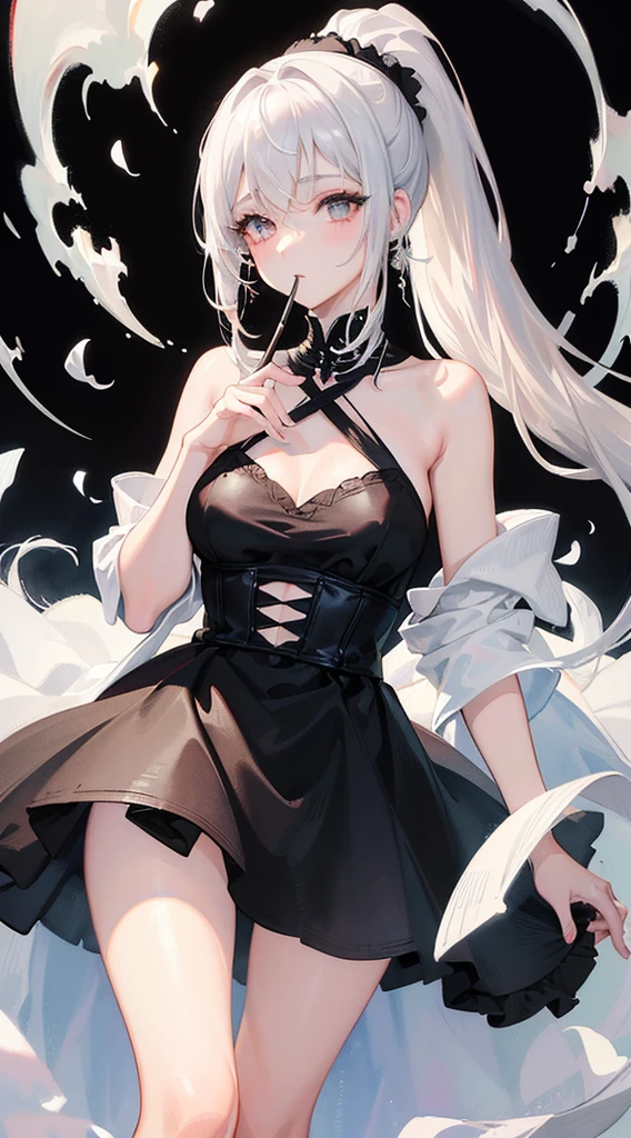 1girl, anime, cute girl, blank background, white background, fantasy, detailed fantasy dress with highlights, beautiful face, beautiful eyes, dark colors, black hair with multicolor streaks, red eye with different color pupil in eye, multicolor eye, medium breasts, slight cleavage, beautiful skin, cute, breast curtains, extremely delicate and beautiful, (beautiful detailed face:1.0), (detailed deep eyes), symmetrical breasts, deep eyes, shiny skin, portrait, slender waist, hips wider than shoulders, thighs, expressionless, young girl, luminous eyes, adorable，（Kpop idol）,（aegyo sal：1），（Platinum blonde hair：1），（（puffy eye）），Black panty，sexy posture，Superskirt, Ultra-high resolution，Black collar，slim figure, Abdominal y tattoo, womb tattoo，Tight-fitting leg ring，y tattoo on half-body，Bare skin, Armored hand，Hidden fingertips，Hand covered，Arm covered，Fist covered,{{beautiful detailed fingers}}, tufts of hair, moderate beautiful breast:1.0,(masterpiece:1.2), best quality, high-res, HDR, perfect face, intricate armor, delicate blue filigree, intricate filigree, red metalic parts, detailed part, dynamic pose, dynamic lights, cute face, neutral expression