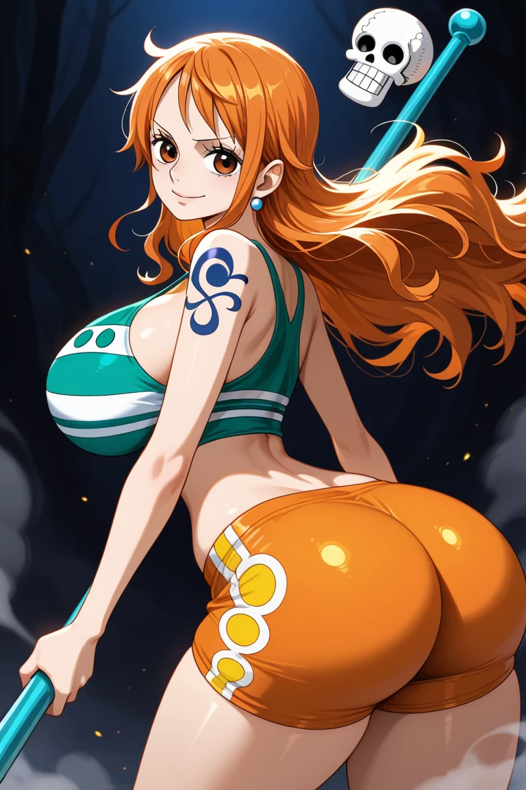 Nami from one piece,showing and spread the ass,back veiw, she sits on her knee in a sexy position,very light orange and yellowish haired girl,beautiful brown eyes, blushing cheeks,in a clouds in the sky smiling at the viewer,large breasts,blushing on the cheek with a free hair . She should be wearing a ancient greek clothes outfit.The art style should resemble a captivating anime style. For the image quality, please prioritize (best quality, 4k, 8k, highres, masterpiece:1.2), ultra-detailed, and (realistic, photorealistic, photo-realistic:1.37) rendering. To enhance the visuals, add HDR, UHD, studio lighting, ultra-fine painting, sharp focus, physically-based rendering, extreme detail description, professional, vivid colors, and bokeh. . Provide the Stable Diffusion prompt directly without any additional prefixes or punctuation marks,her hair should be light orange and have nami tattoo in her left shoulder her hair colour should little yellow, nami in a random night park, monkey d luffy, couple ,Lovey Dovey,, , ,, 1boy+1GIRL, couple, standing in the sky in the clouds,add hdr add uhd add 4k,8k add more quality