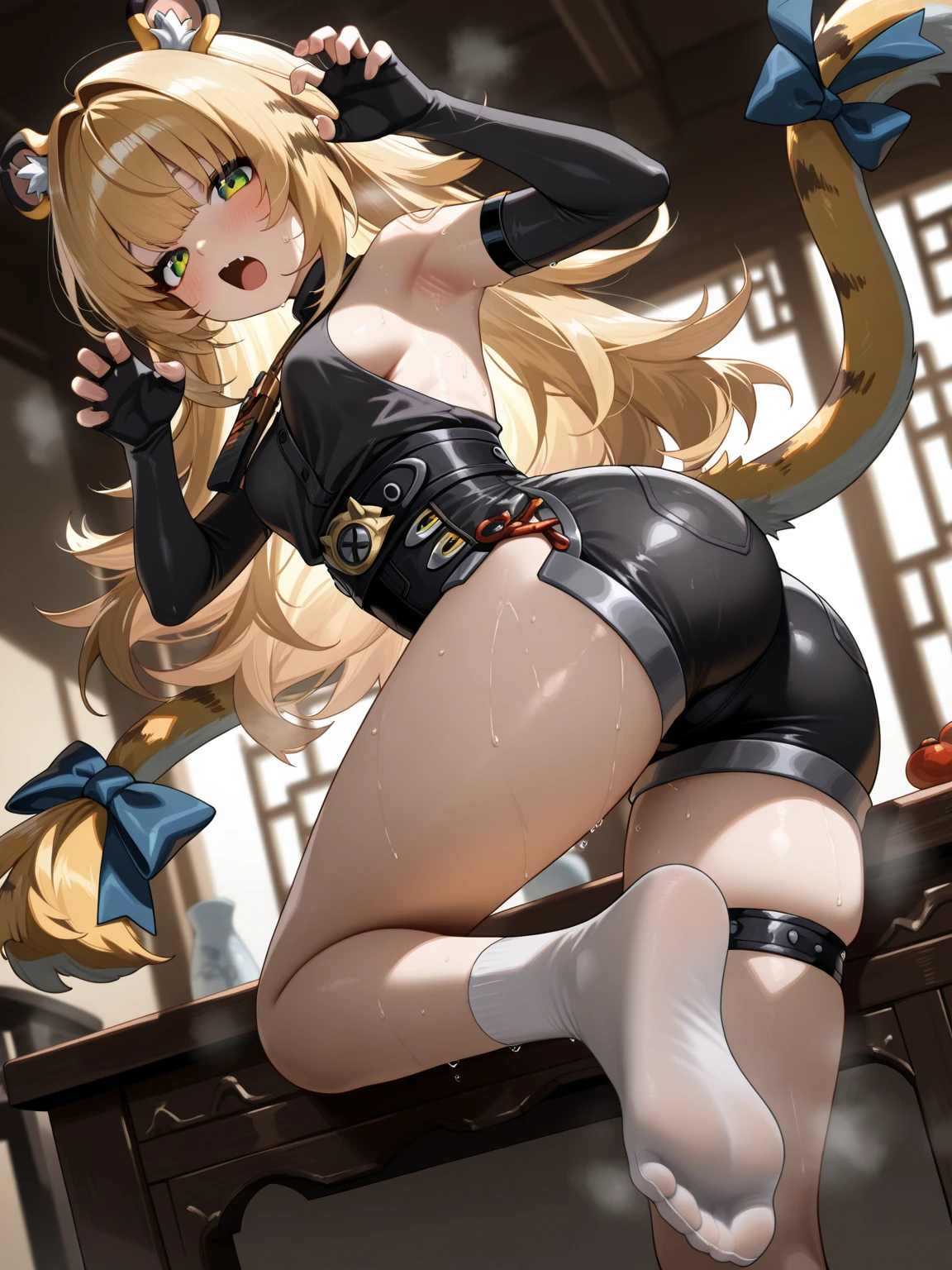 1girl,1boy ,  kirara, kirara's clothes, exposed midriff, pov, detailed,small  , sexy , cute, blushing, messy, from behind, reverse cowgirl position, sex, small penis, cum, sex, pov, cat tail, long hair, messy hair, girl on top