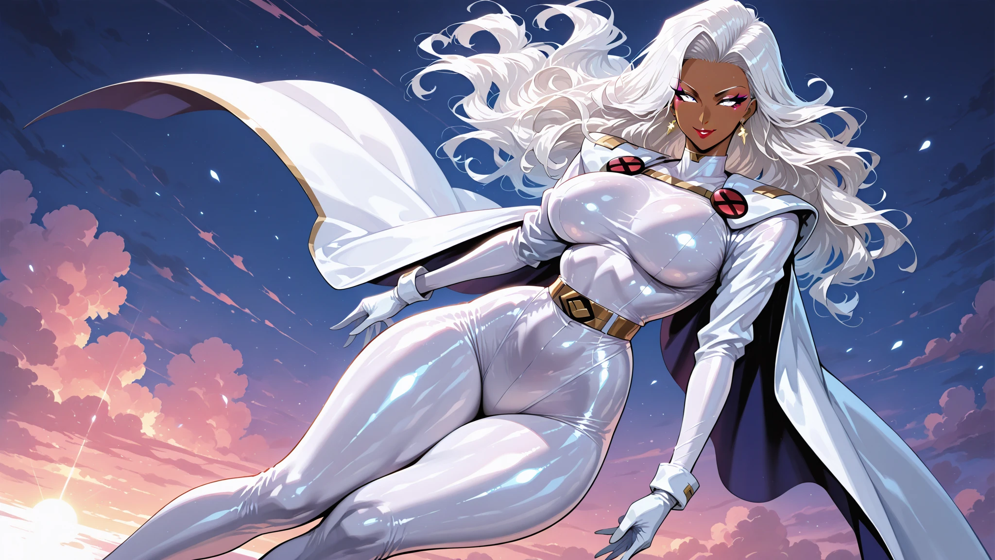 4k, a drawing of a woman with white hair and a cape, portrait of ororo munroe, x-men storm, storm!, how much, white fur and dark skin, how much the cat woman, art of the silver fox, her hair is white, hair curly white, Rossdraws 2. 5, Rossdraws | afrofuturism, Rossdraws 1. 0
