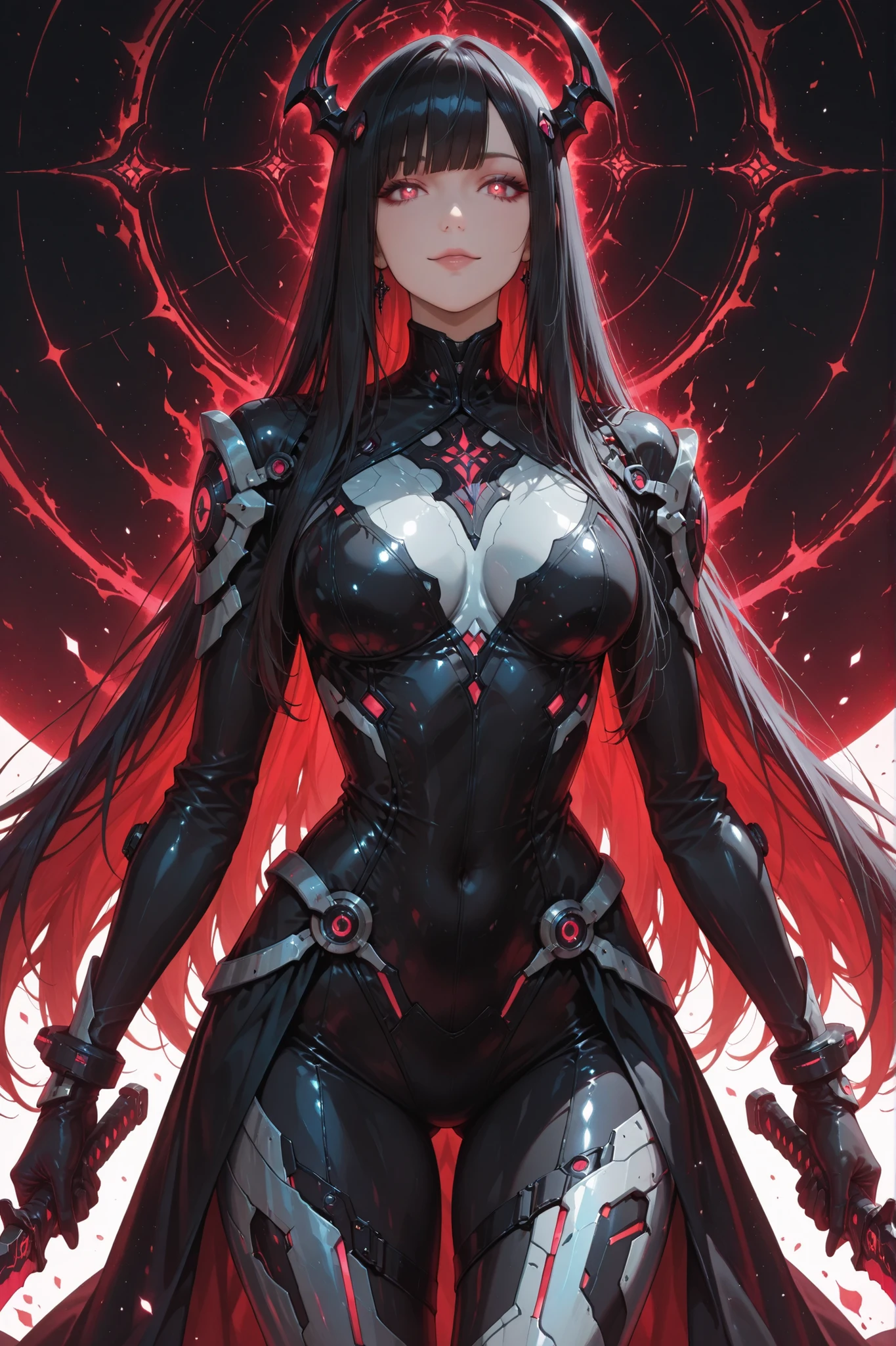 ((masterpiece, best quality, anime style, ultra-detailed)), 1girl, solo, Etherblade Sister, –26, tall graceful mature build, very long straight black hair with silver sheen:1.6, calm red eyes:1.4, composed gentle smile, fair skin:1.3, sleek black and silver bodysuit:1.6 (elegant, high mobility design), flowing armored coat with sharp edges, sheathed blade at back, faint glowing ether lines, aura of focused energy:1.5, background: Heavenly Demon Sect base, futuristic black world with glowing symbols, obsidian towers, dark energy flows, color palette: black, silver, deep red, violet glow, vibe: serene menace, calm control, refined deadliness