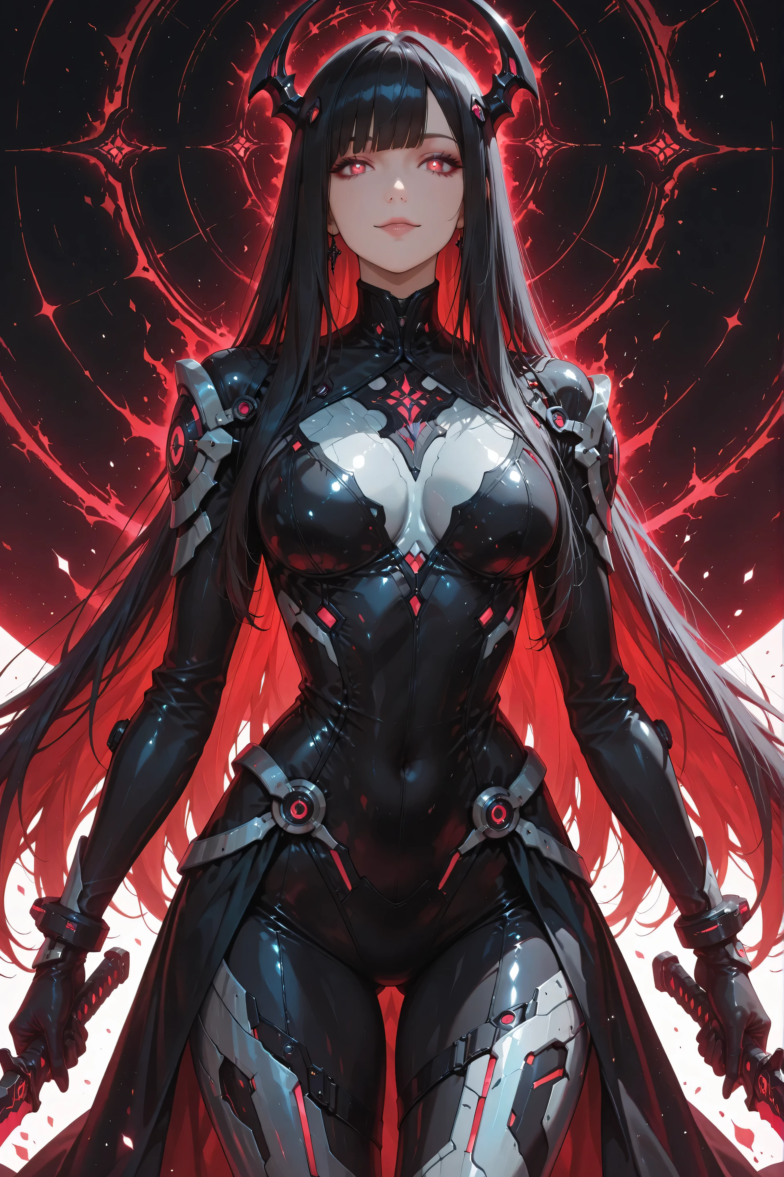 ((masterpiece, best quality, anime style, ultra-detailed)), 1girl, solo, Etherblade Sister, –26, tall graceful mature build, very long straight black hair with silver sheen:1.6, calm red eyes:1.4, composed gentle smile, fair skin:1.3, sleek black and silver bodysuit:1.6 (elegant, high mobility design), flowing armored coat with sharp edges, sheathed blade at back, faint glowing ether lines, aura of focused energy:1.5, background: Heavenly Demon Sect base, futuristic black world with glowing symbols, obsidian towers, dark energy flows, color palette: black, silver, deep red, violet glow, vibe: serene menace, calm control, refined deadliness