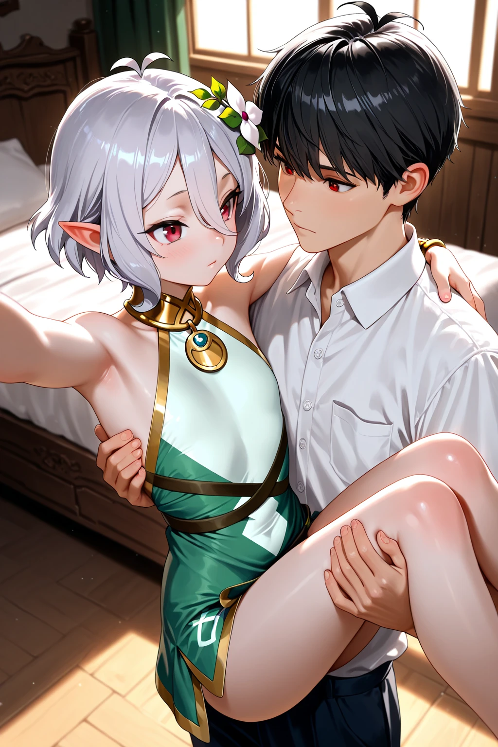 (man and woman kissing:1.6),, (masterpiece, Best Quality, high resolution, nffsw, Perfect Pixel, depth of fields, 4K), , Perfect body, , (boy and girl:1.6), (2 human in picture:1.6) boy on top,  frieren_frieren,  jewelry, pointy ears,, earrings, twintails, elf, long hair, green eyes, , shirt, ,  striped, parted bangs, bangs, capelet, striped shirt, grey hair  , (flat chest:1.4), , nsfw,(ecstasy:1.3) ,(slut:1.2),(vulgarity:1.3),(fucked silly:1.1),(steam:1.1),(wet:0.8),(trembling:0.8),(tears:0.7) ,(drooling:0.6),(sweat:0.8), wince,(orgasm:1.5), , (nipples:1.4) , ,,(hardcore,sex:1.6),