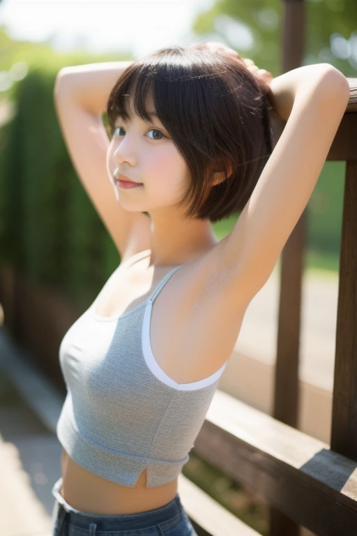 （Hyper Real）， （illustratio）， （A high resolution）， （8K）， （The is very detailed）， （Most Best Illustration）， （beatiful detailed eyes）， （best qualtiy）， （Hyper-detailing）， （tmasterpiece）， （the wallpaper）， （详细的脸）， parks， thigh up， Armpits， Thick， short detailed hair， inner colored， 独奏， Simple White Tank Top Girl， Wearing sweat， jpn， huge tit， （camel-toe），From the left，