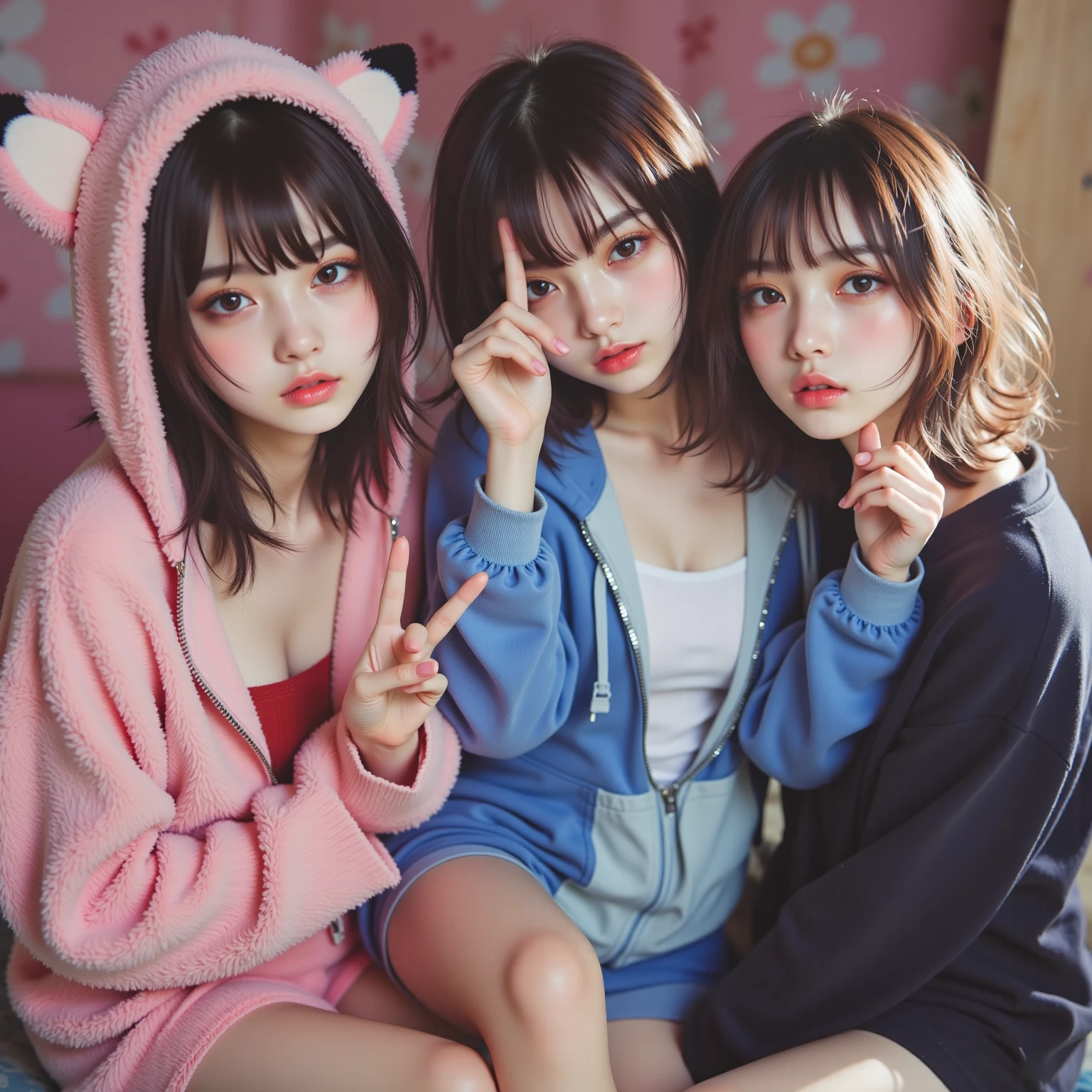 deux femmes ensemble de 18 ans sexy et mince , pink short sleeve hoodie , salle de classe, se touche,position sey,sensuel