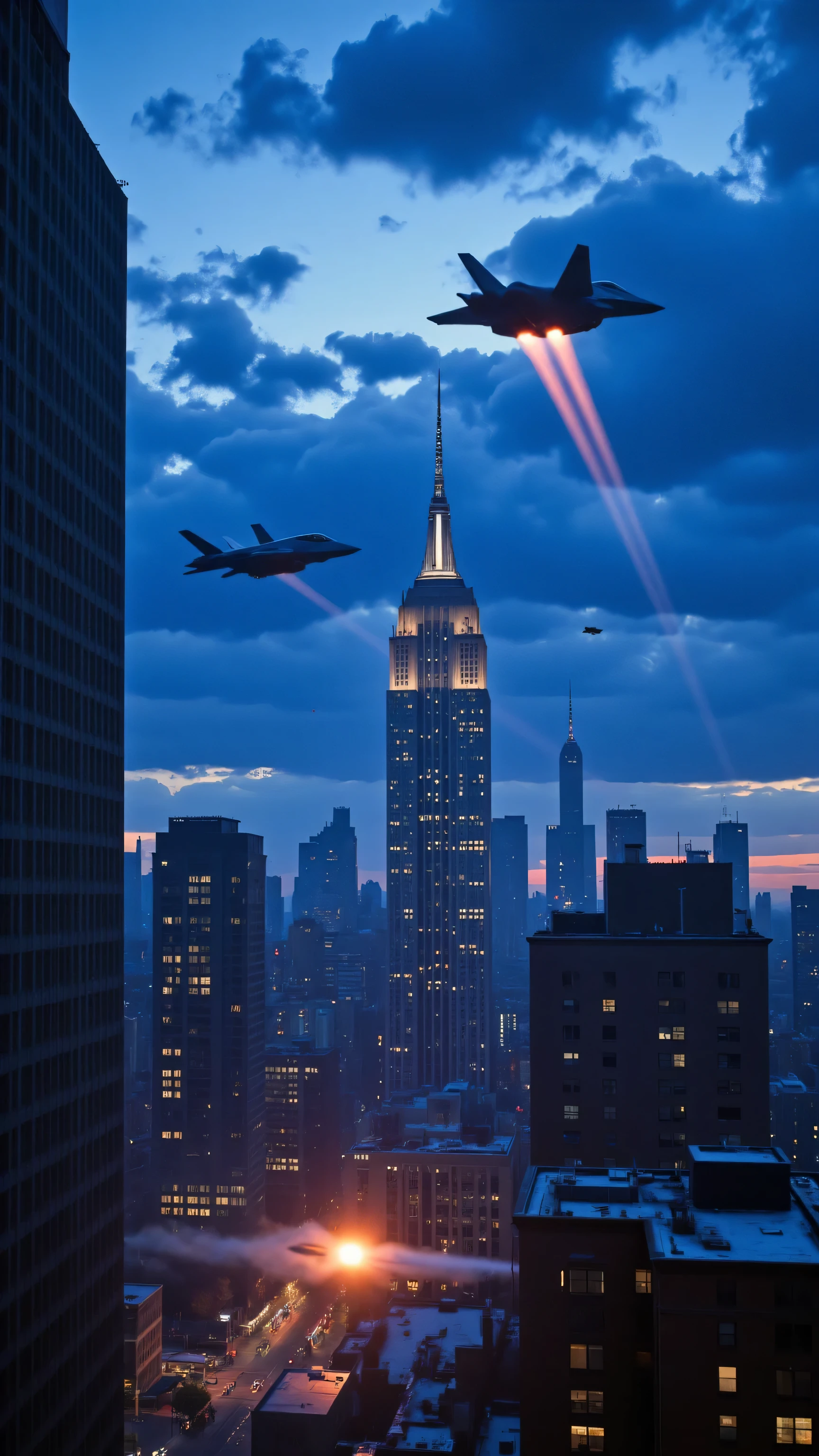high res image、Urban area of New York、F-22 intercepts UFOs、creative image、flying past the Empire State Building、The US Air Force is attacking with missiles and laser weapons、UFOs fire rays onto the ground、under a dramatic blue sky((masterpiece))、images of the engagement where the F-22 launches a missile to launch an attack。New York battle scene at dawn。