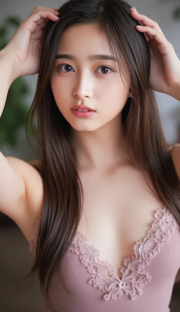 Dark brown hair、Light brown eyes、Japanese actress、 Lady、I am about 40 years old..、(Intricate details:1.2)、(Which one is on top??:1.4)、 (Ultra-high resolution:1.2)、Ultra-high resolution、(Finely tuned)、(Detailed facial features)、Hmph、8K resolution、D cup size breasts、Long Hair、Blocks sunlight and shade、A balcony with a resort feel、Pink flowers are decorated in the background、Pink flowers blooming in a resort area、Decorate your ears with deep pink flowers、white wall、white floor、Full body photo、Head to toe shot、Beautiful legs、white One piece with a wide open back、Blackpink Jenny 私 took this photo with the image of、Beautiful legs、she, Fashion Hub, Extreme Detail, Very detailed, Realistic, Hourglass-shaped body, Obscene pose、Lift your chin a little、Please open your mouth a little、Poses that make you feel weak、Are crying、Deep sorrow、