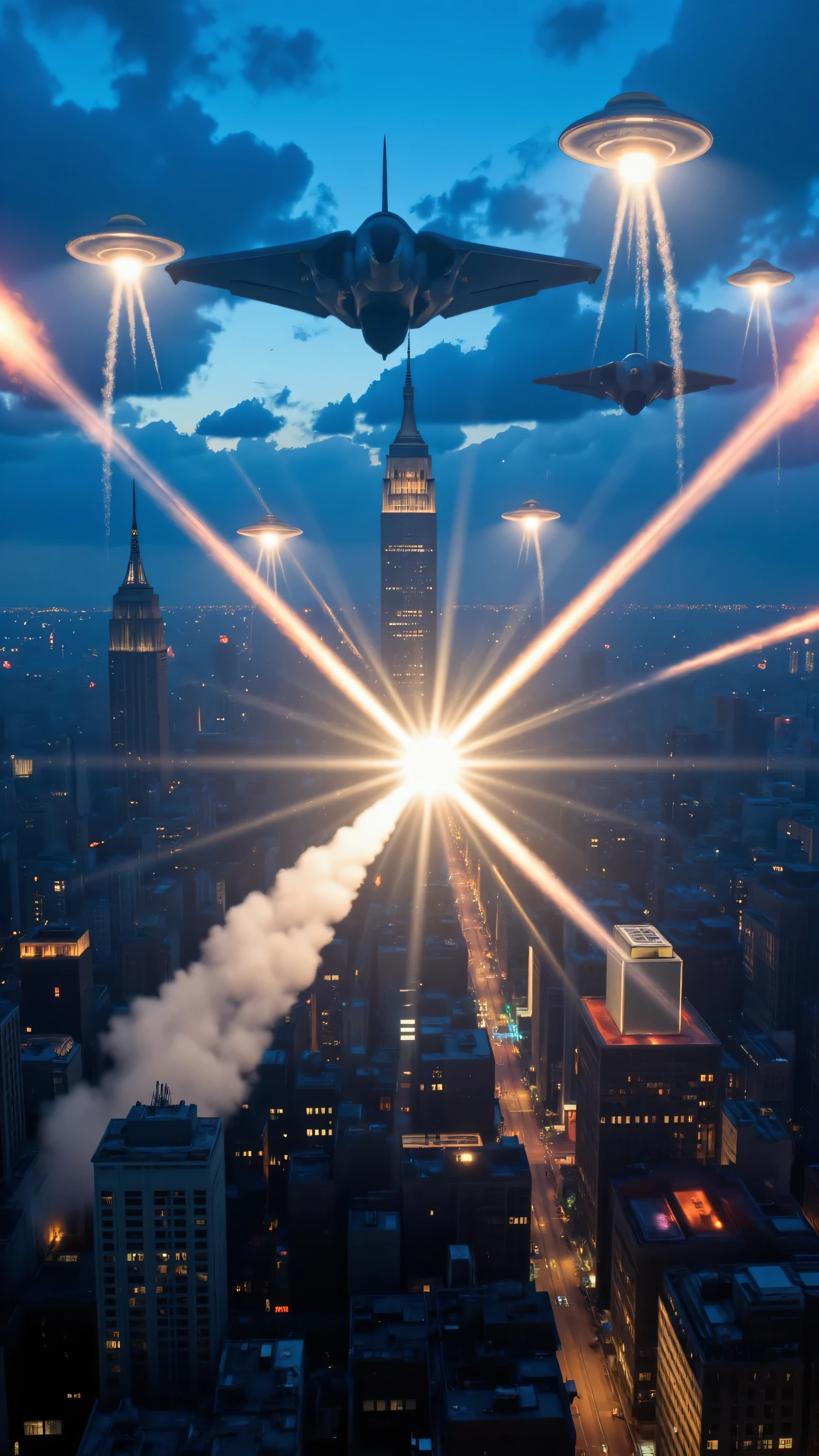 high res image、Urban area of New York、F-22 intercepts UFOs、creative image、flying past the Empire State Building、The US Air Force is attacking with missiles and laser weapons、UFOs fire rays onto the ground、under a dramatic blue sky((masterpiece))、images of the engagement where the F-22 launches a missile to launch an attack。New York battle scene at dawn。