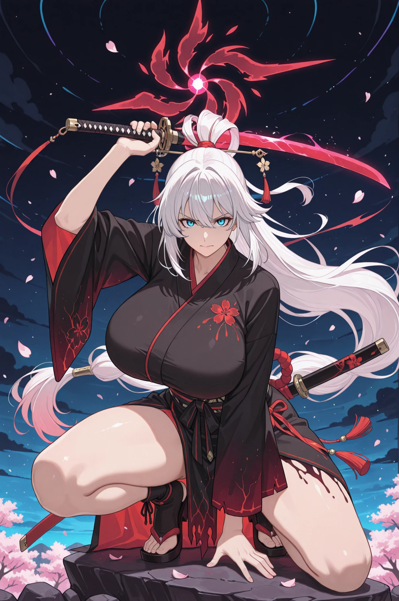 (masterpiece, best quality, newest, absurdres, hires, ultra detail, HD), A female warrior with gigantic breasts, long, white hair tied into a high twin-tail with ribbon accessories and floral ornaments. She has bright, clear blue eyes that glow with intensity. She wears a white and black short kimono with floral patterns, fitted with a detailed obi and traditional tassels. The warrior is posed in a dynamic battle stance: crouching with one knee raised on a rock, the other leg bent low for balance. Her upper body twists slightly to the side, with one hand gripping the hilt of a glowing katana and the other drawing it from its ornate sheath. Her expression is serious and fierce, looking directly at the viewer. Magical blue and red energy crackles around the blade, illuminating her form. Her long hair and kimono flutter with the wind, surrounded by cherry blossom petals in dark hues. The background features a moonlit night sky, dark sakura trees, and a mystical atmosphere enhanced by glowing energy trails.