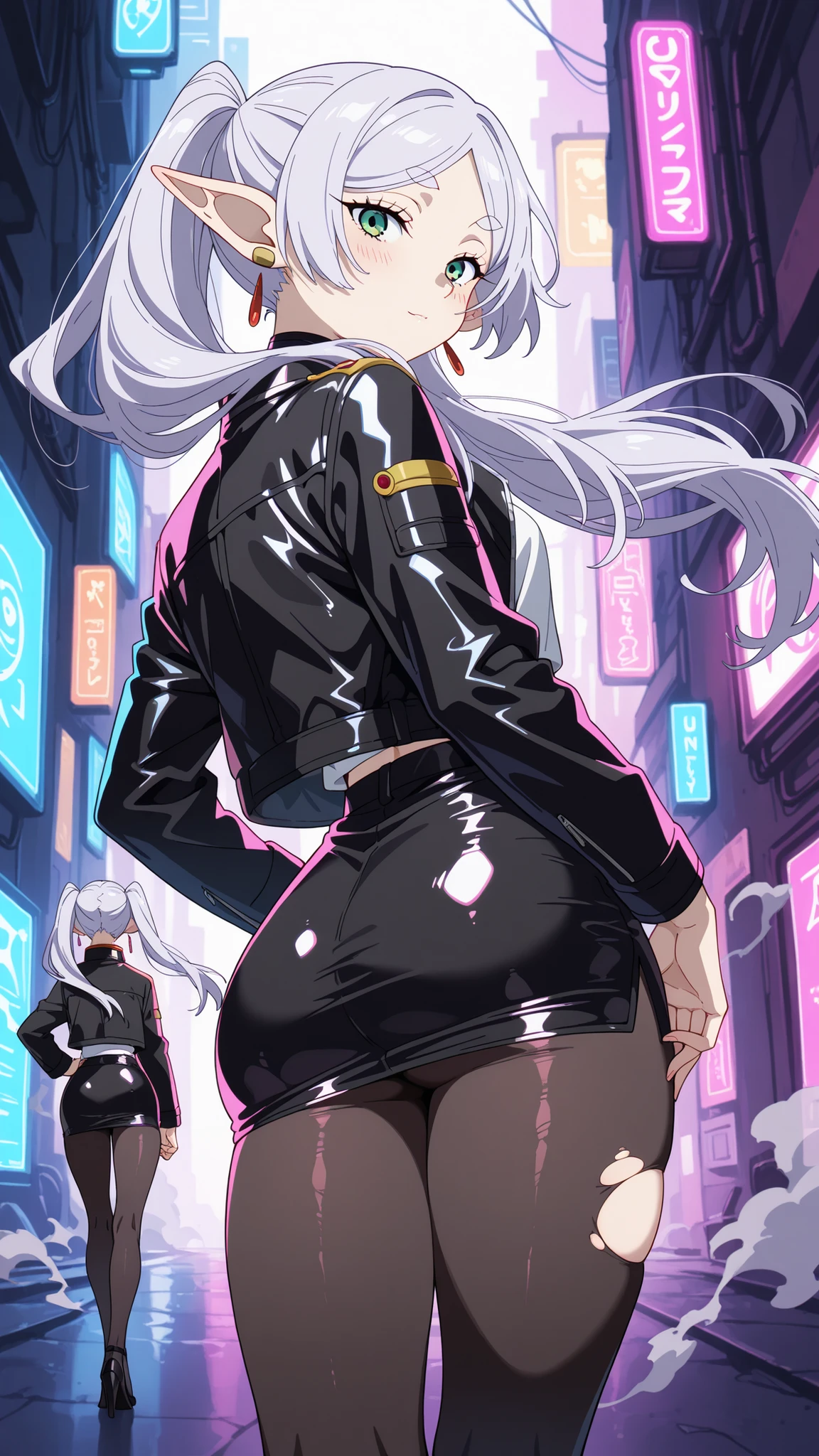 masterpiece, best quality, 1girl, grey hair, shoulder length hair, wavy hair, black hairband, auburn eyes, beautiful detailed eyes, beautiful detailed face, cute face, stoic, professional, ninja, black leotard, black tactical gloves, bare legs, gold bracelets, black thigh-high boots, cityscape, night, noir atmosphere. (back view, rear view), spins in place like a (tornado), spins like a tornado, (she spins) at an incredible speed, creating a whirlwind of air around her, spiral lines around, cyclone winds around, tornado spinning.