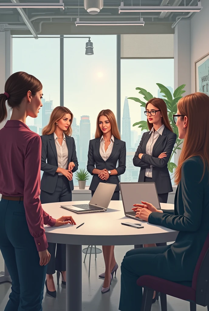 Black CEO (white satin blouse and pinstripe blazer);at her desk waits with contempt for her white secretary (blouse and mini skirt). The white secretary is behind her with a report, very nervous, looking at the camera in fear)