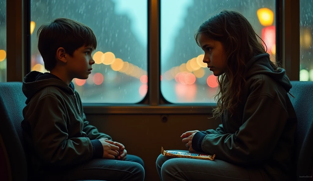 A boy and a girl sleep on top of each other without their knowledge. Both are traveling in the metro. Realistic, intricate details, vibrant colours.