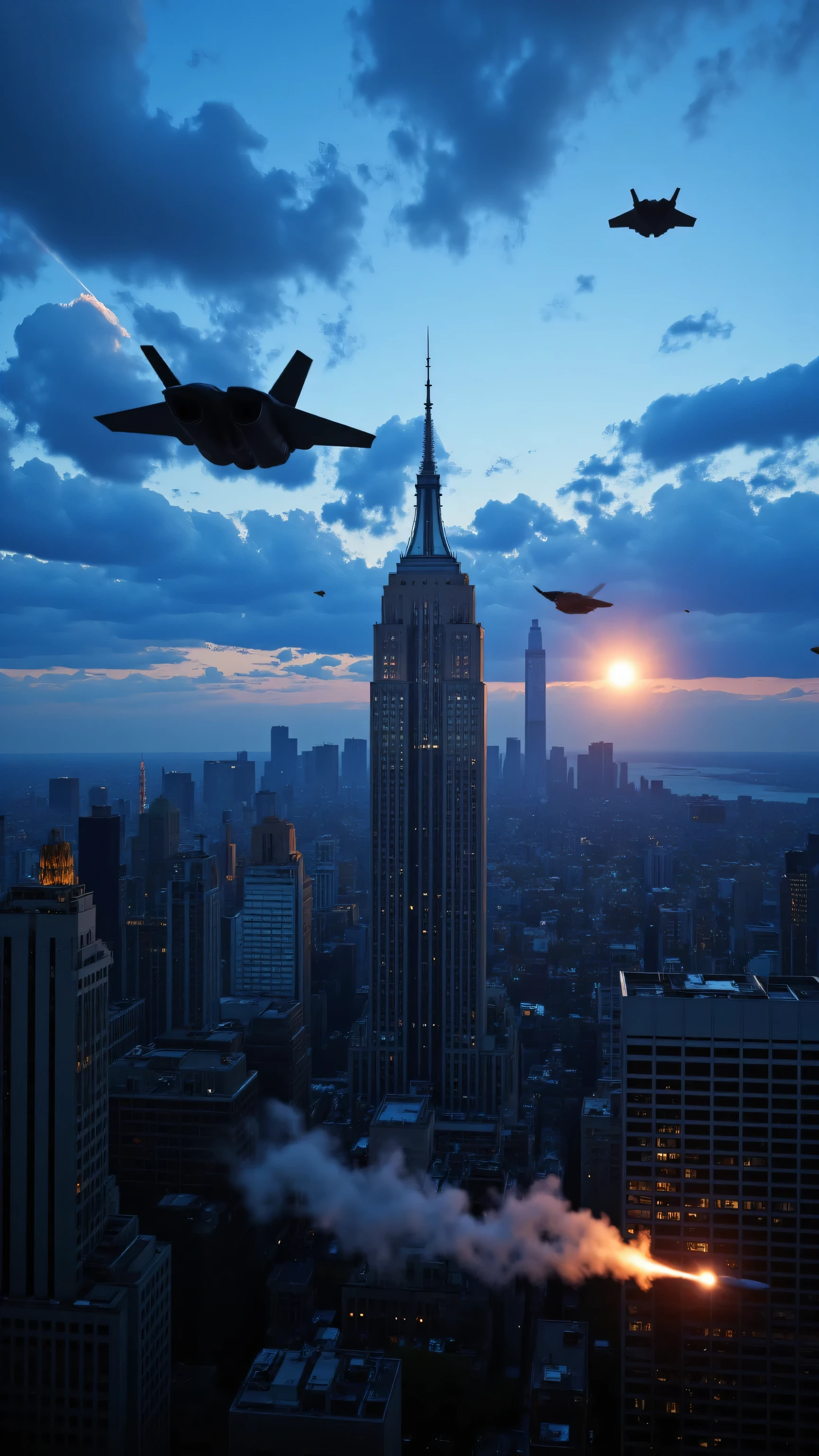 high res image、Urban area of New York、F-22 intercepts UFOs、creative image、flying past the Empire State Building、The US Air Force is attacking with missiles and laser weapons、UFOs fire rays onto the ground、under a dramatic blue sky((masterpiece))、images of the engagement where the F-22 launches a missile to launch an attack。New York battle scene at dawn。