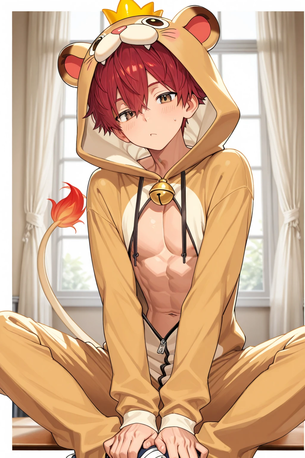 an orange haired male student with orange eyes and orange fox ears and an orange fox tail in a magical  is blushing while leaning on a door frame
