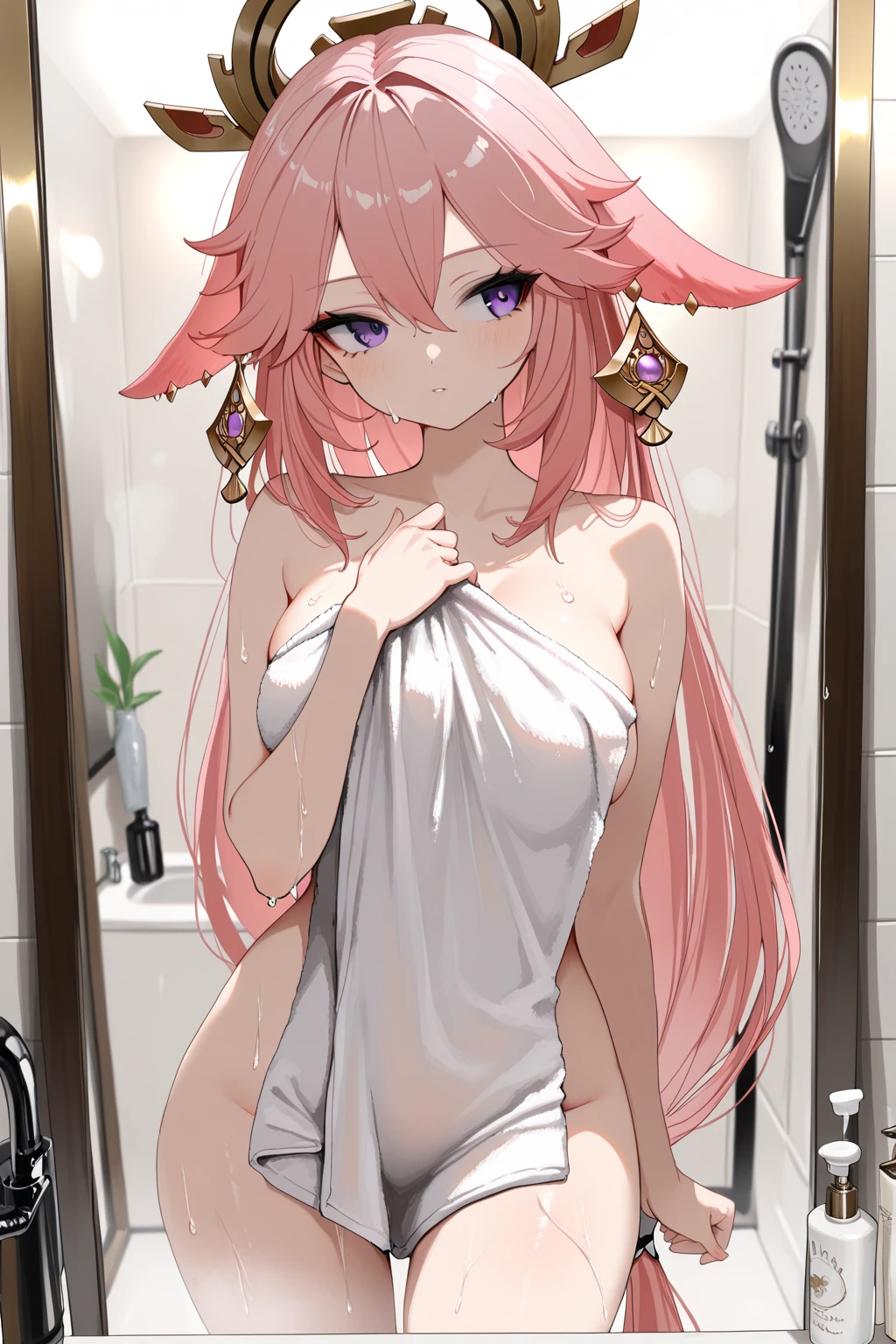 (Masterpiece, best quality), best resolution, (3 heads:1.5), 1 woman,Yes, Miko., pink hair, girl fox ears, green eyes, open mouth, drunk, surprising, confused, White oversized t-shirt, Look at yourself in the bathroom mirror..., Close-up shot from a DSLR camera, (8ก, 4K, Masterpiece),(Masterpiece, best quality), best resolution, (3 heads:1.5),Arms separated,arm circle, (Put your hands on your head....), (lower hand on ankle), (lower hand on leg), Full content in the frame, full body view, (four arms),(Multi-arm),(many hands), รูปร่างเพรียวบาง Masterpiece,best quality,best resolution,1 woman,many heads, upper body, smile,  Facing the audience,big breasts,simple background,Beautiful face,Beautiful hair,beautiful eyes,beautiful body,Beautiful hands,conjoined twins