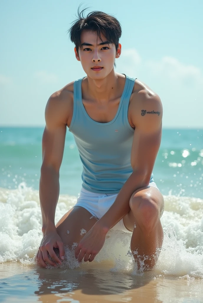 15 years old, white hair, handsome, young boy, wearing only a thong, protruding crotch, sitting cross-legged on the beach