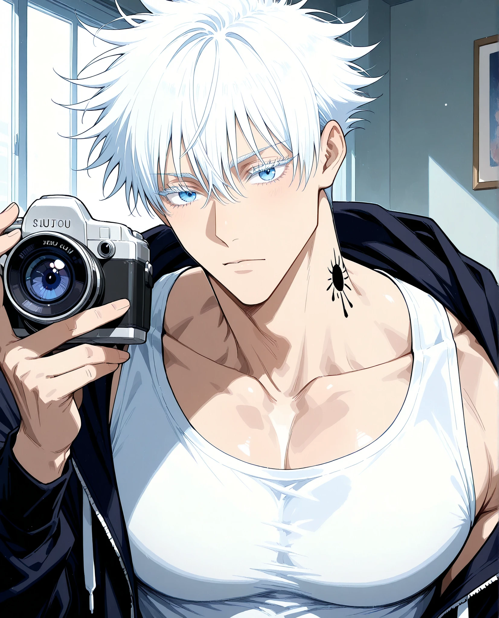 Satoru Gojo,adult, jujutsu kaisen, white hair, short hair, ((hair between eyes)), colored eyelashes, white eyelashes, blue eyes, intricate eye iris, detailed eyes, muscular male, sexy man, handsome man, handsome face, holding a camera, tattoos on his neck and fingers, tired expression, bad guy, unzip black hoodie, white tank top, sketch, black and white, studio room background, drawing style,Realistic facial features, detailed features, well-defined features, semi-realistic style, painted style, detailed style, solo, painted style, minimalism, beautiful face, adult male style, short hair, beautiful eyes, beautiful face.