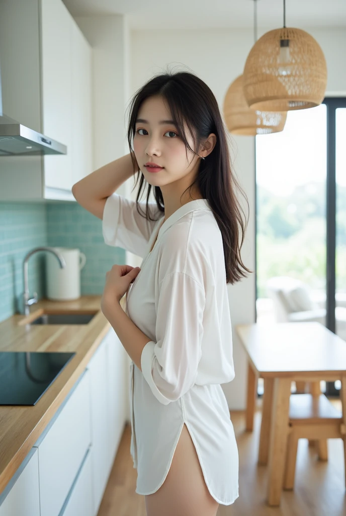 (Highest quality、masterpiece、8K、Best image quality、Hyperrealism、Award-winning works)、1 female、(alone:1.1)、(A simple, lightweight long-sleeved T-shirt:1.2)、(Sexy micro panties that are too small:1.3)、(Sexy micro panties that dig into your ass:1.3)、(big buttocks protruding:1.6)、(The most natural and practical kitchen:1.1)、(Strongly blurred background:1.2)、(Blurred background of a perfectly organized and clean kitchen:1.1)、(Modern and elegant kitchen:1.1)、(Beautiful and unified modern kitchen:1.1)、(Standing Elegantly:1.2)、Full body photo、(Rear view:1.3)、Beautiful nape、Accurate anatomy、Perfect Makeup、Long eyelashes、Glossy Lips、Ultra HD glossy skin、(Ultra-high definition, bright and beautiful skin:1.1)、超高精細のGlossy Lips、(Staring at me with a blank look:1.1)