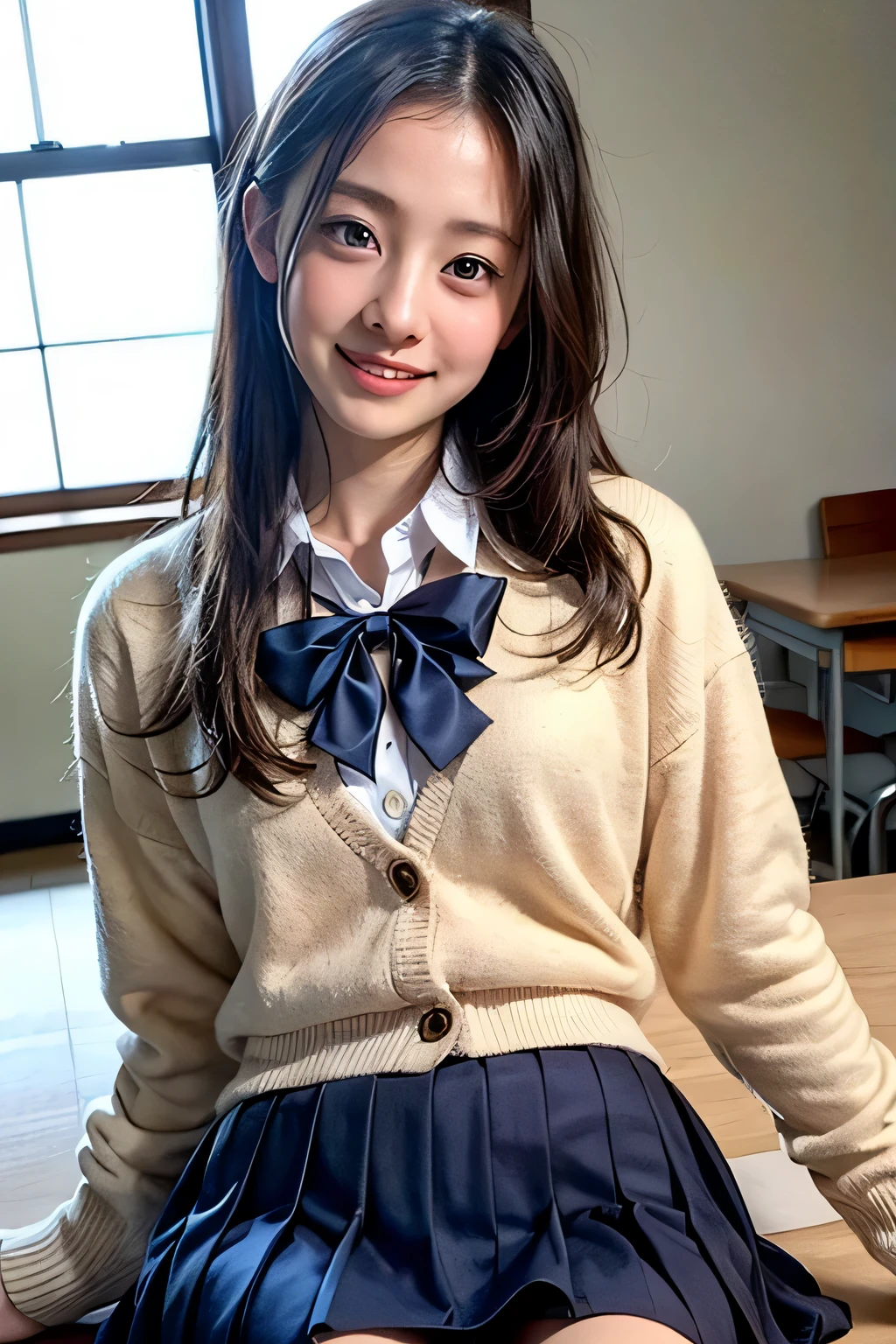 (1 girl), Young faceอินโดนีเซีย, 12 years,smile, white skin, Round breast, blue eyes,((Female high school student uniform、cardigan、Very short plaid skirt、))Masterpiece, Highest quality, 8K, beautiful girl, Young face、 photography, Cute face, thigh,embarrassing valley、รอยsmile、((((((อายุ 12 years))))))、small waist、 ((Busty breasts))