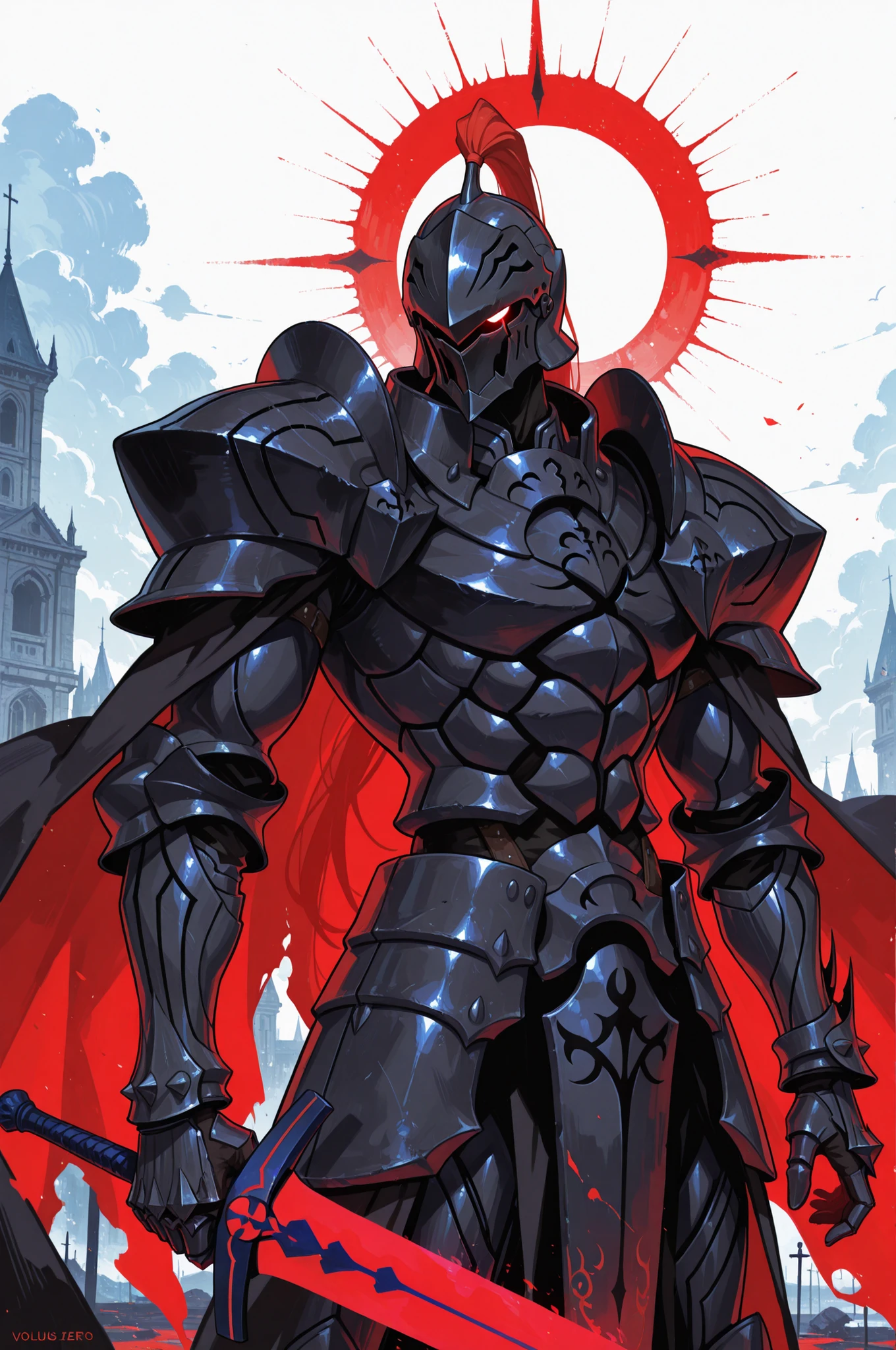 (masterpiece, best quality, high resolution, absurdres, newest,very aesthetic, amazing quality,impressionism style, painting art,Fabulous artwork,Volumetric image), armor, weapon, black_armor, berserker_(fate/zero), 1boy, full_armor, solo, sword, helmet, male_focus, holding_weapon, holding, holding_sword, knight, gauntlets, artist_name, shoulder_armor, pauldrons, white_background