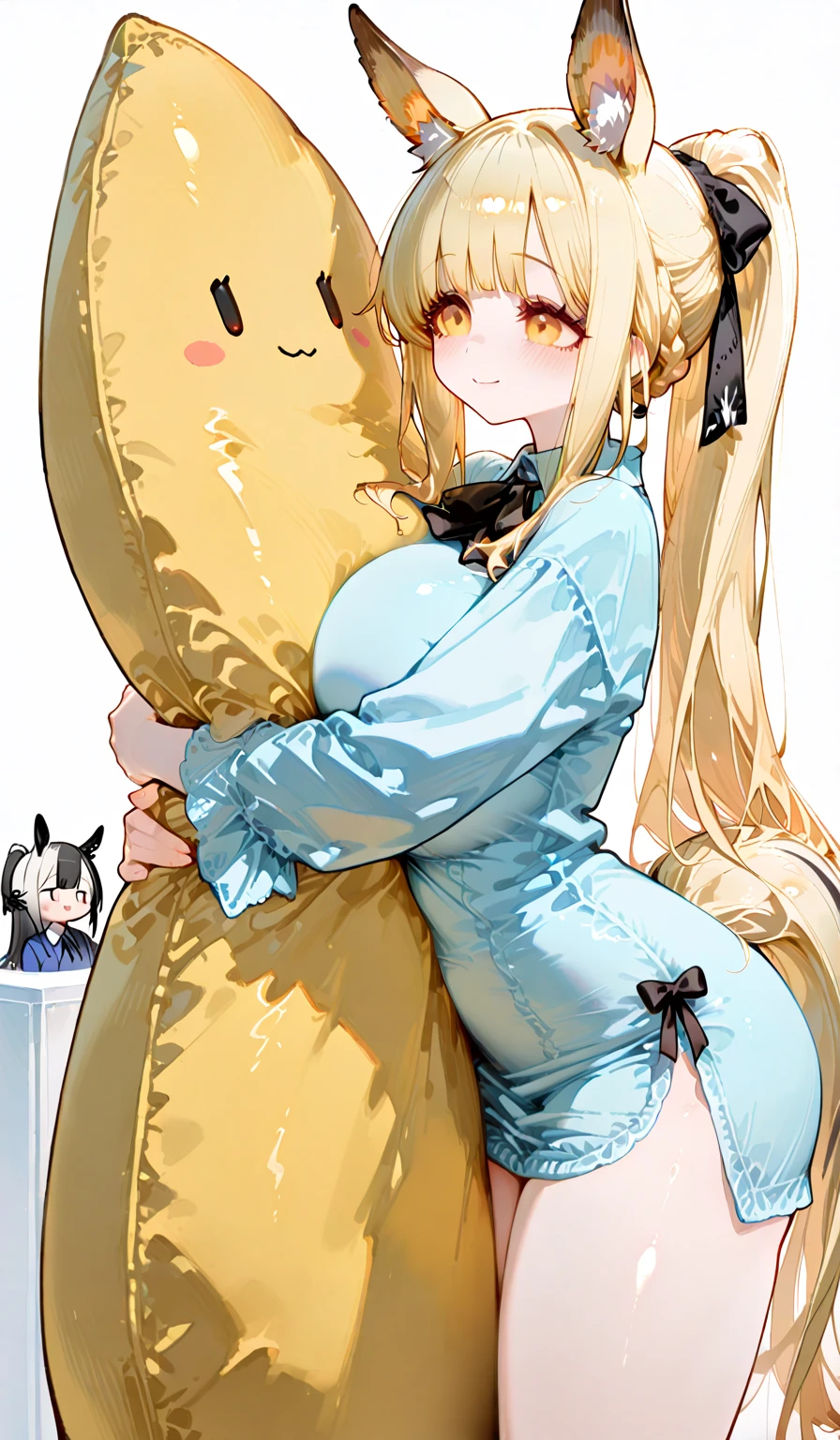 (best quality, masterpiece, highres),1girl,solo, sandy blonde hair,hair,twintails,,black pantyhose,pout,sitting,blush,simple background,looking to the side, green eyes, blush, juicy lips, glossy skin, glittery eyes, doll eyes, black footwear, black pantyhose, brown dress, brown headwear, long sleeves, big , smiling, fat juicy tits, fat juicy ass, juicy lips