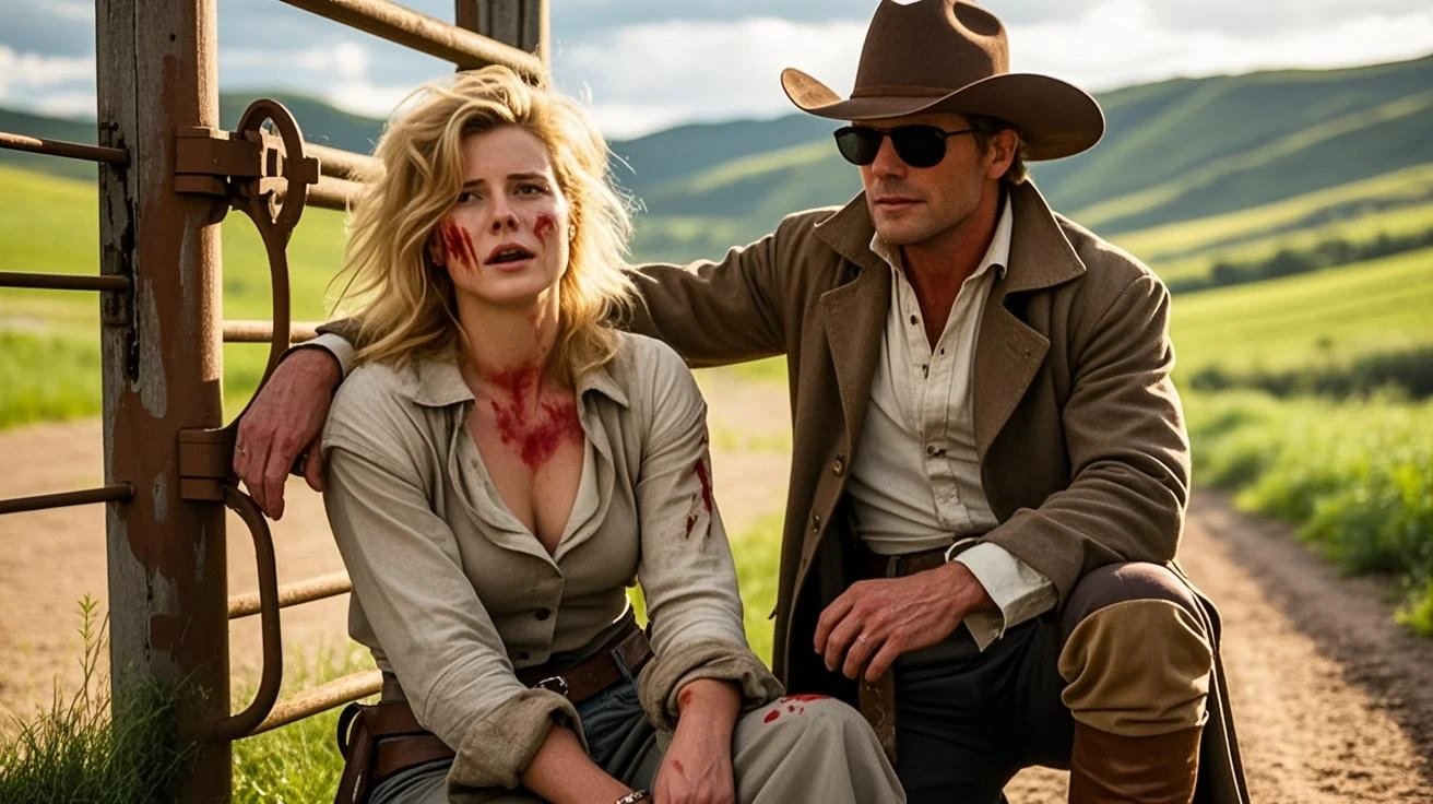 arafed image of a toby keith and a woman in a cowboy outfit, [ western film ], an epic western, western film, jesse mccree, western, fox, saturday night in a saloon, actors, hollywood movie still, cow-girl, rebecca romijn as dorothy, dressed as a western sheriff, on wild west, sexy movie photo