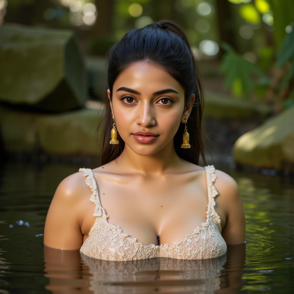 extreme close up photo of sexy indian, front view, curvy, swooping breasts, deep cleavage, wet white see through lace strapless dress, floating on river, waterfalls, birds, animals, elephant, French braid hair, necklace, subtle smile, seductive eyes, sultry