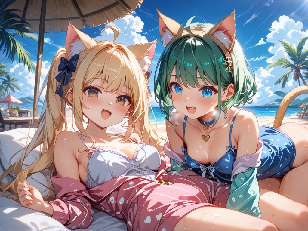 A few girls、smiles、vitality、pleasant、(appearance々Types of swimwear、appearance々Swimwear in different colors、appearance々Length hairstyle、appearance々Colored hair、appearance々Colored eyes)、(They're as flat as planks。They have flat breasts。Flat、They are considered very thin、slight chest、faint breasts、modest chest、Lori:1.6)、Vivid Color、Colorful、Amazing starry sky、Girls pointing at meteors、Humanoids in fantasy worlds、、Cat girl、Fox Maiden、Slime Girl、Harpy Girl、Shallow pool illuminated by half moon、Dim lighting by the pool、Fantasy World Illumination Pool、They are happily looking up at the starry sky from the poolside、Angle from the ground by the pool、Angle from low、snapshot、Detailed depiction、Wet skin、Beautiful and detailed background drawing、fantasy、