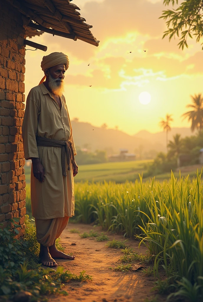 A realistic image of a modern. A poor islamic old man's paddy field, his paddies have grown, he is very happy