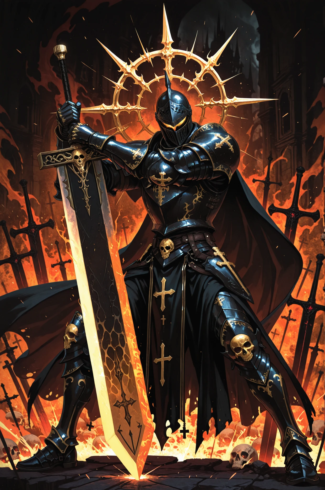 1boy, solo, knight, male_focus, dark fantasy, gothic theme,
heavily armored, intricate armor design, dark gray and black armor, gold accents, adorned with skulls and crosses, helmet with visor, shoulder armor, gauntlets, pauldrons, breastplate, cape,
holding weapon, fighting stance, holding buster sword, huge weapon masterpiece, ornate sword with golden hilt,
dynamic pose, standing, ultra-detailed, realistic, best quality, high quality,
chaotic background, dark and fiery hues, smoky atmosphere, bursts of yellow and orange, intense and dangerous mood,
color palette dominated by dark shades of gray, black, gold, occasional yellow and orange,
dark fantasy style, full armor, helm, skull motif