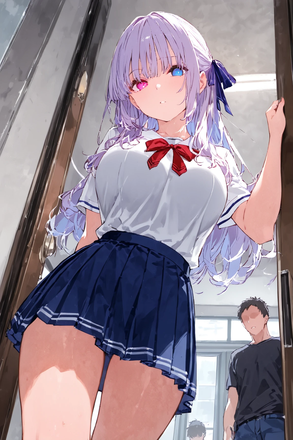 score_9, score_8_up, score_7_up, source_anime BREAK 1girl, mejiro mcqueen \(umamusume\), summer uniform, white thighhighs, loafers, standing, crossed arms, blush, huge breasts, wide hips, thick thighs, looking at viewer, serious, on train, train interior, BREAK 1boy, (faceless male), size difference, medium breasts, (ass grab), lace trimmed panties, dripping, netorare, cheating (relationship), cowboy shot, close up, multiple views, ass, groping, panel rayout, skindentation, rating_questionable, motion lines, trembling,