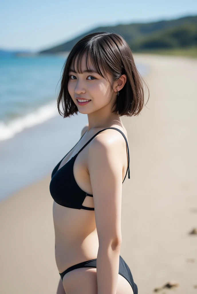 4k, Top quality, 1 beautiful woman, super short Hair, shy-smile, Sunlight, at beach, from side