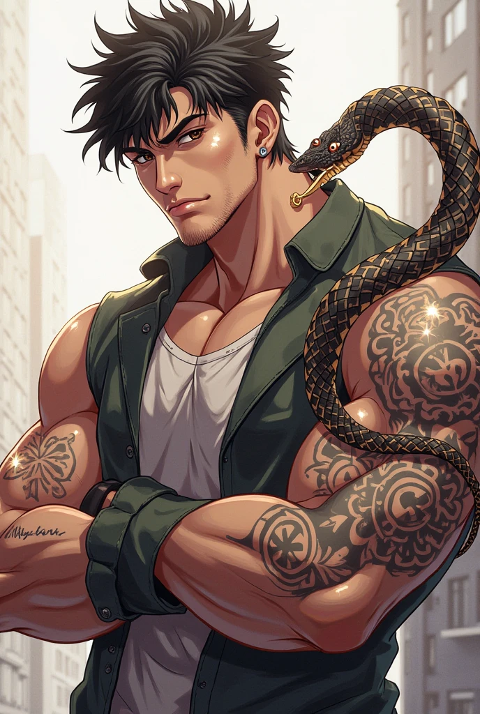 8K,Photorealsitic Raw photography top-quality;1.4) (1 adult snake male) The personification of the super handsome snake (Lifelike face) Personification of the serpent(shoun) Personification of the serpent Brown and black exterior Brown and green trousers Golden decoration Beautiful expression 超A high resolution A smile accurate detail Realistic snake scales with a large brown spear enticing